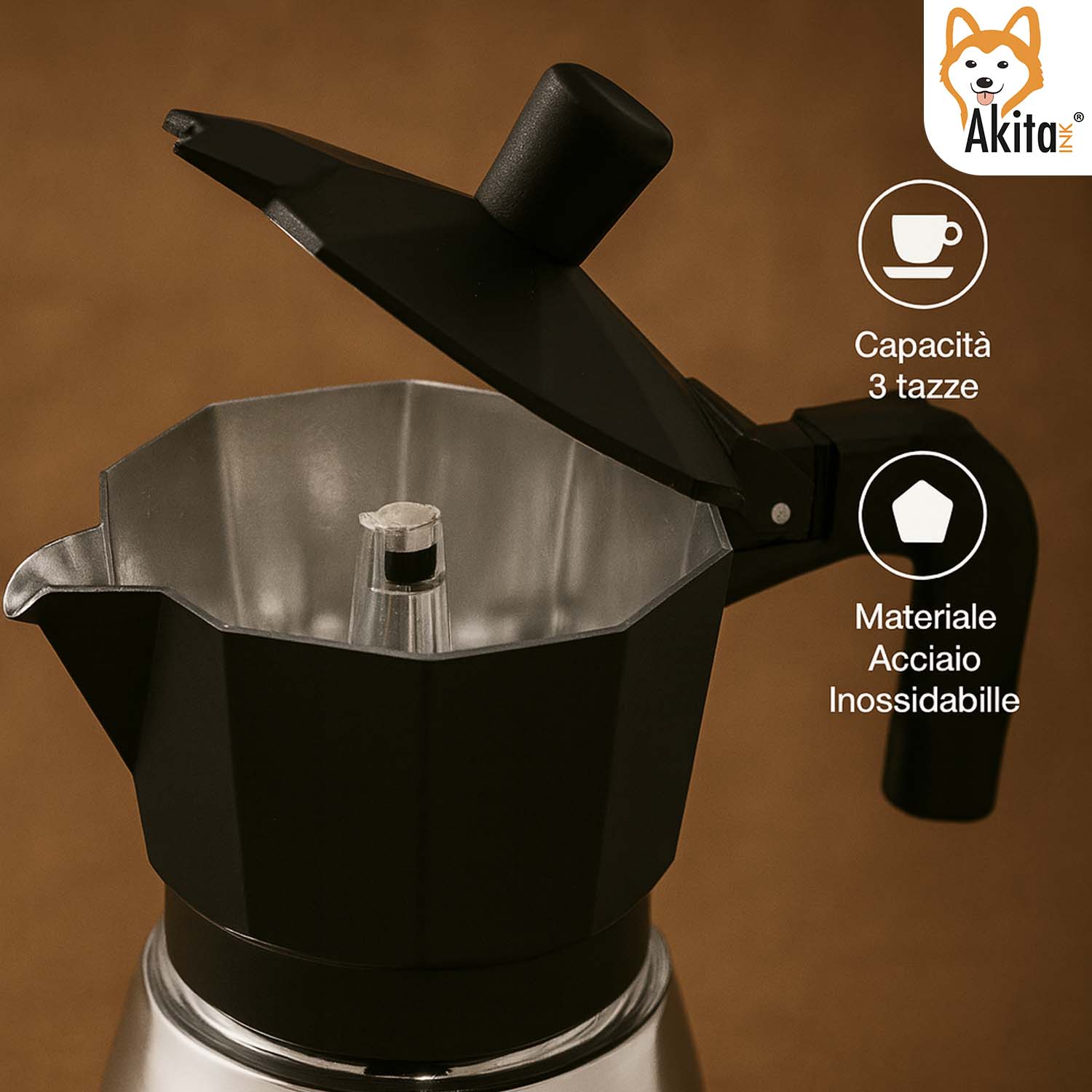 Caffettiera Moka Induzione 3 Tazze Acciaio Inox Nero foto 6