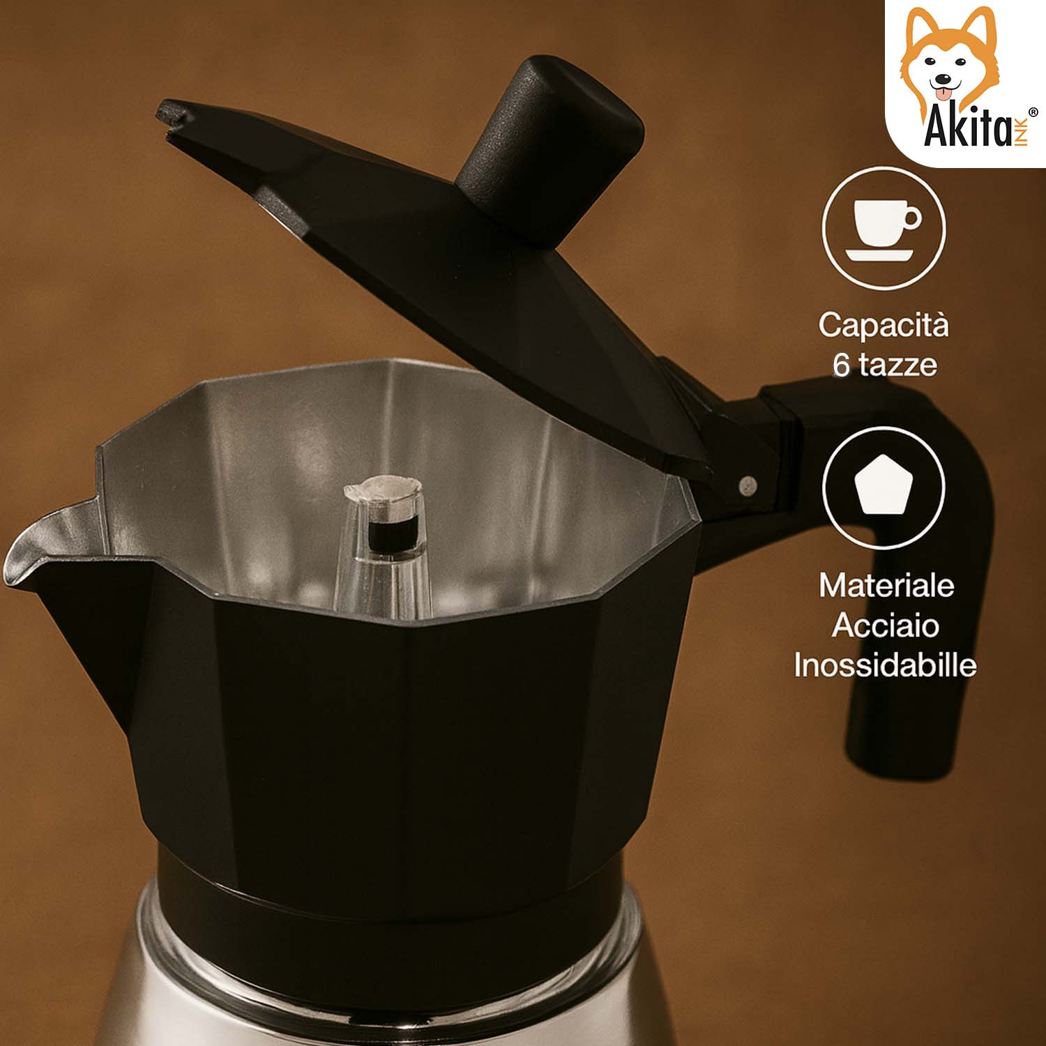 Caffettiera Moka Induzione 6 Tazze Acciaio Inox Nero foto 5