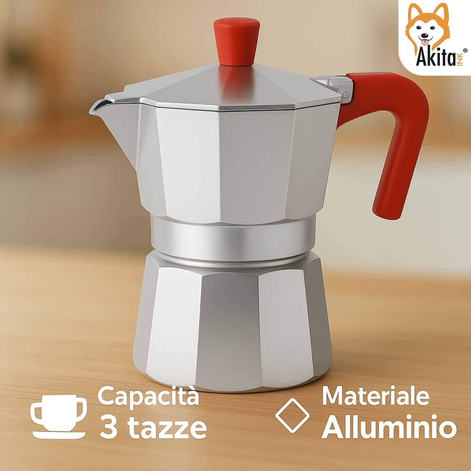Caffettiera Moka Alluminio 3 Tazze Antigoccia Rossa foto 5