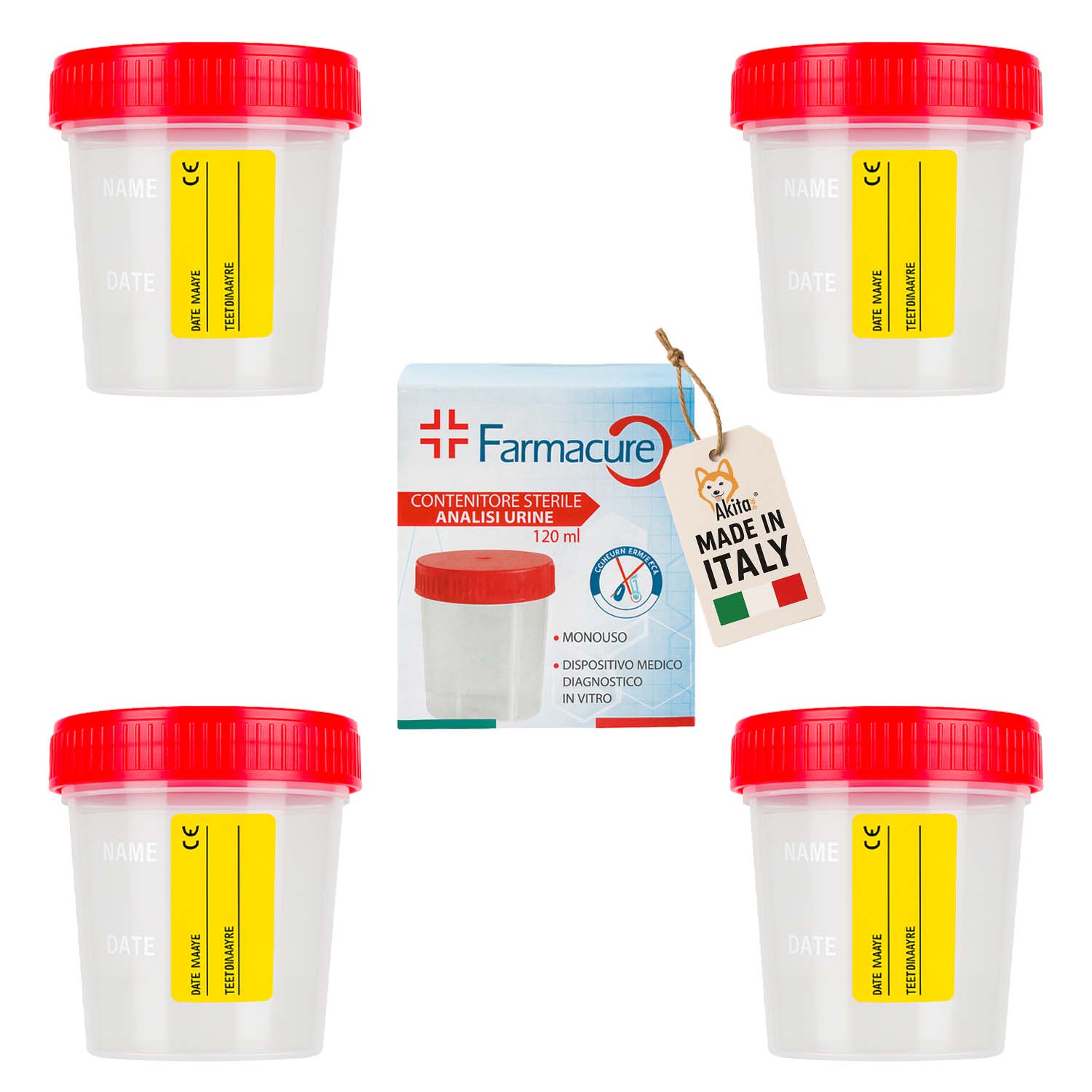 Set 4 contenitori urine sterili 120 ml con tappo e etichetta
