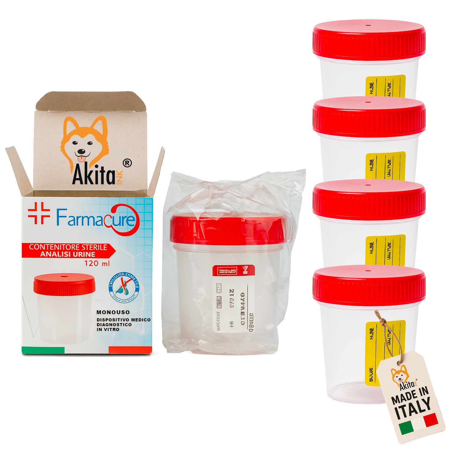 Set 4 contenitori urine sterili 120 ml con tappo e etichetta