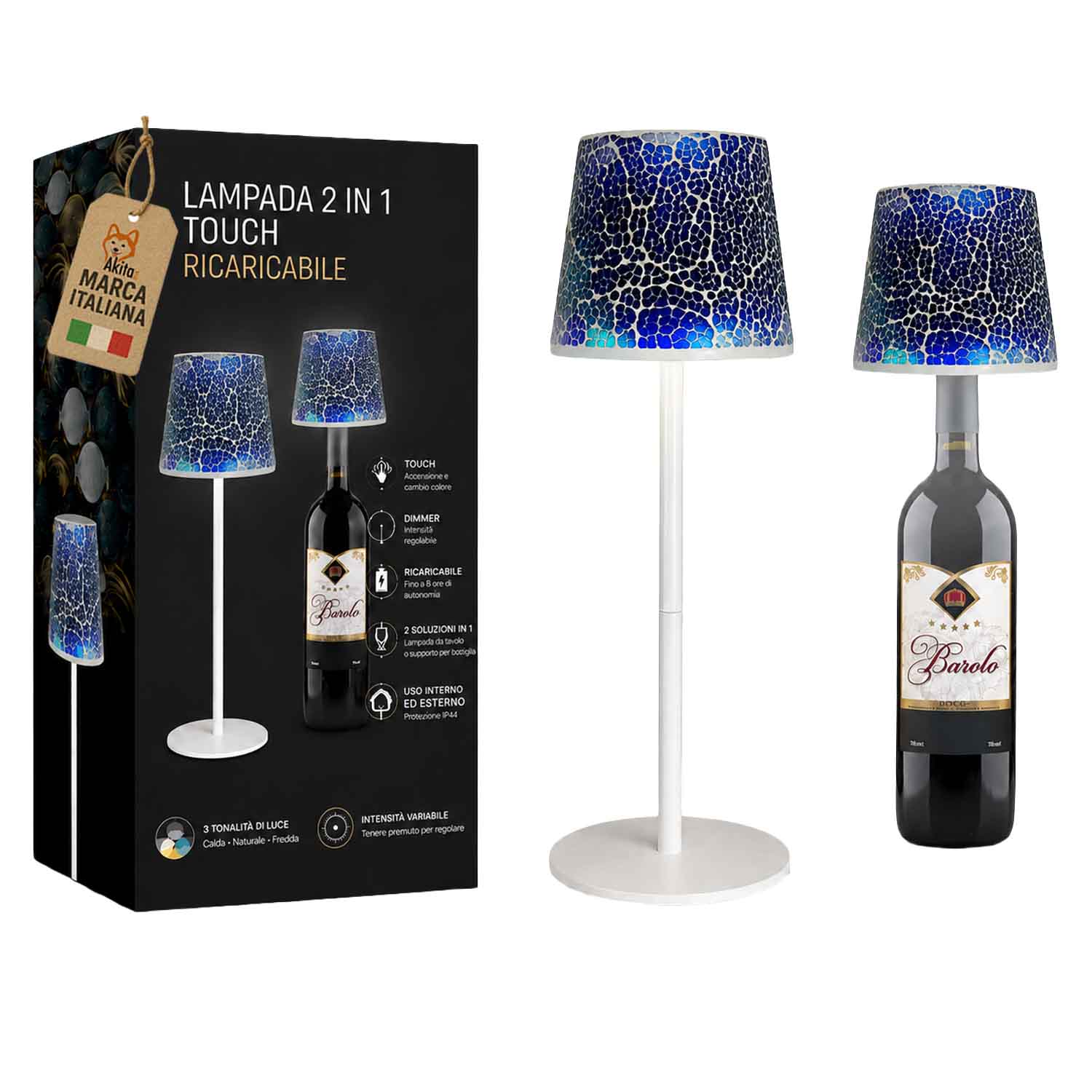 Akitaink lampada da tavolo led mosaico cracked blu ricaricabile