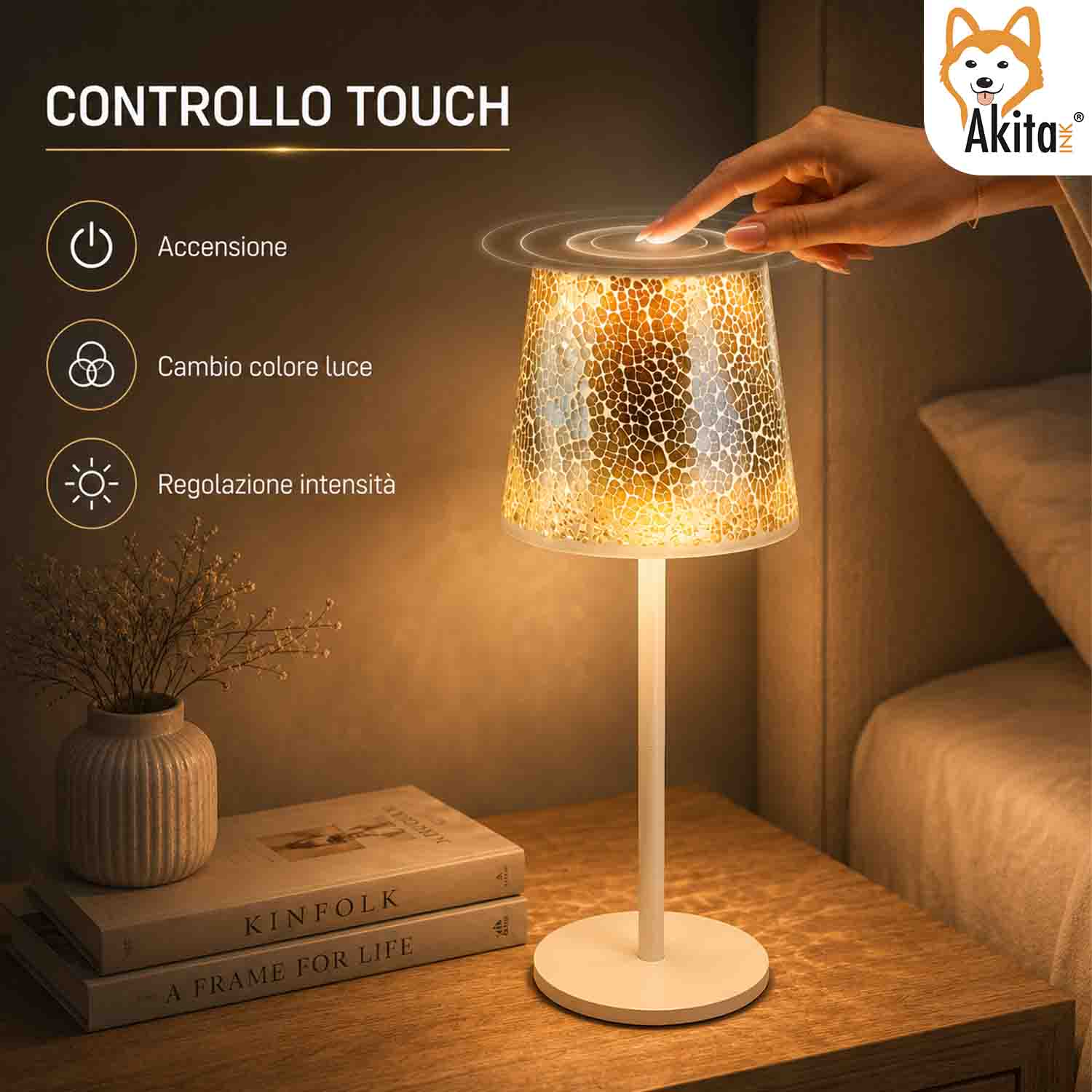 Akitaink Lampada da Tavolo LED Mosaico Cracked Gold Ricaricabile foto 4