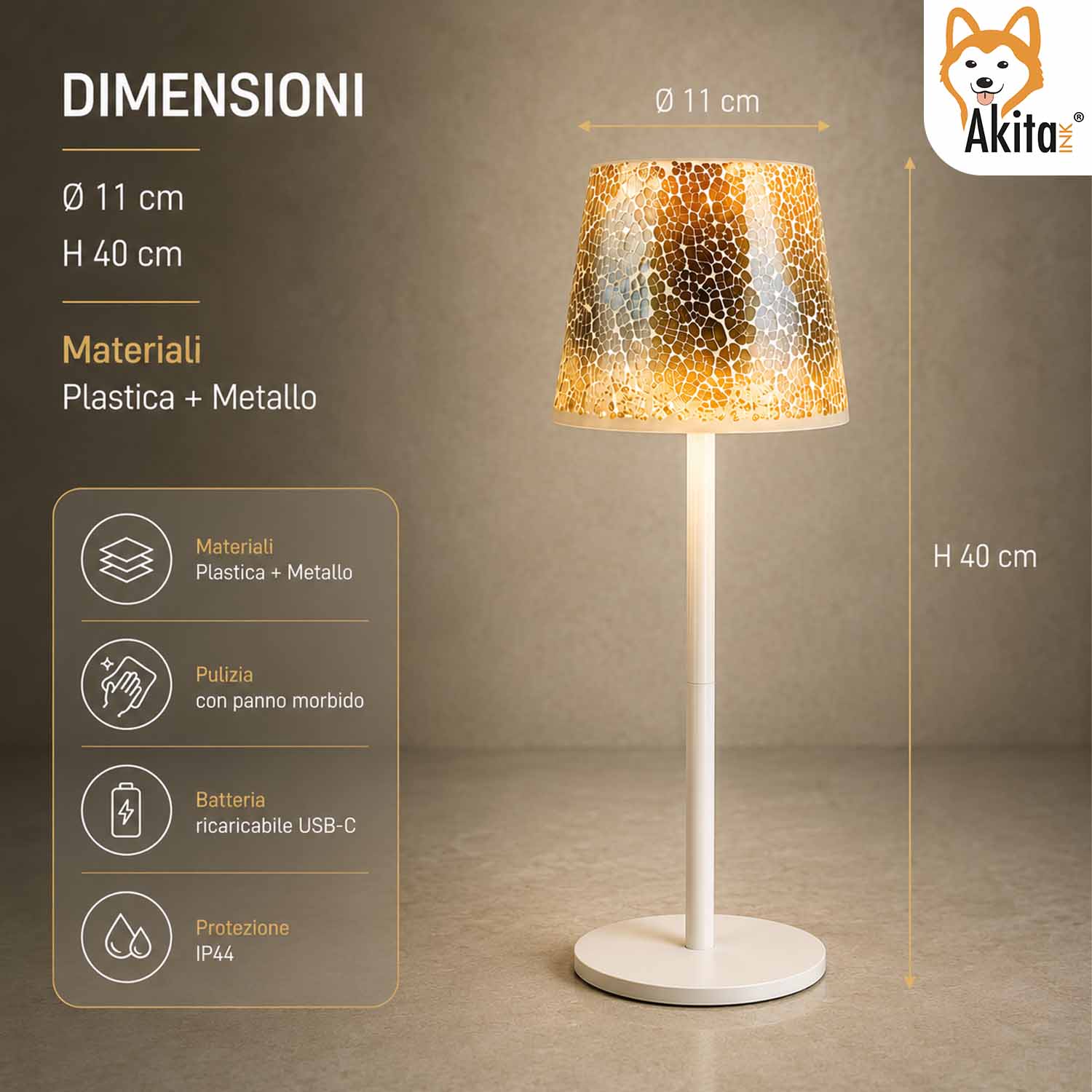 Akitaink Lampada da Tavolo LED Mosaico Cracked Gold Ricaricabile foto 6
