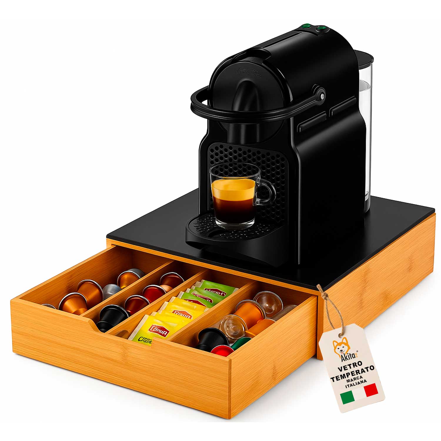 Porta cialde e capsule bambu' 30x30 - cassetto con vetro