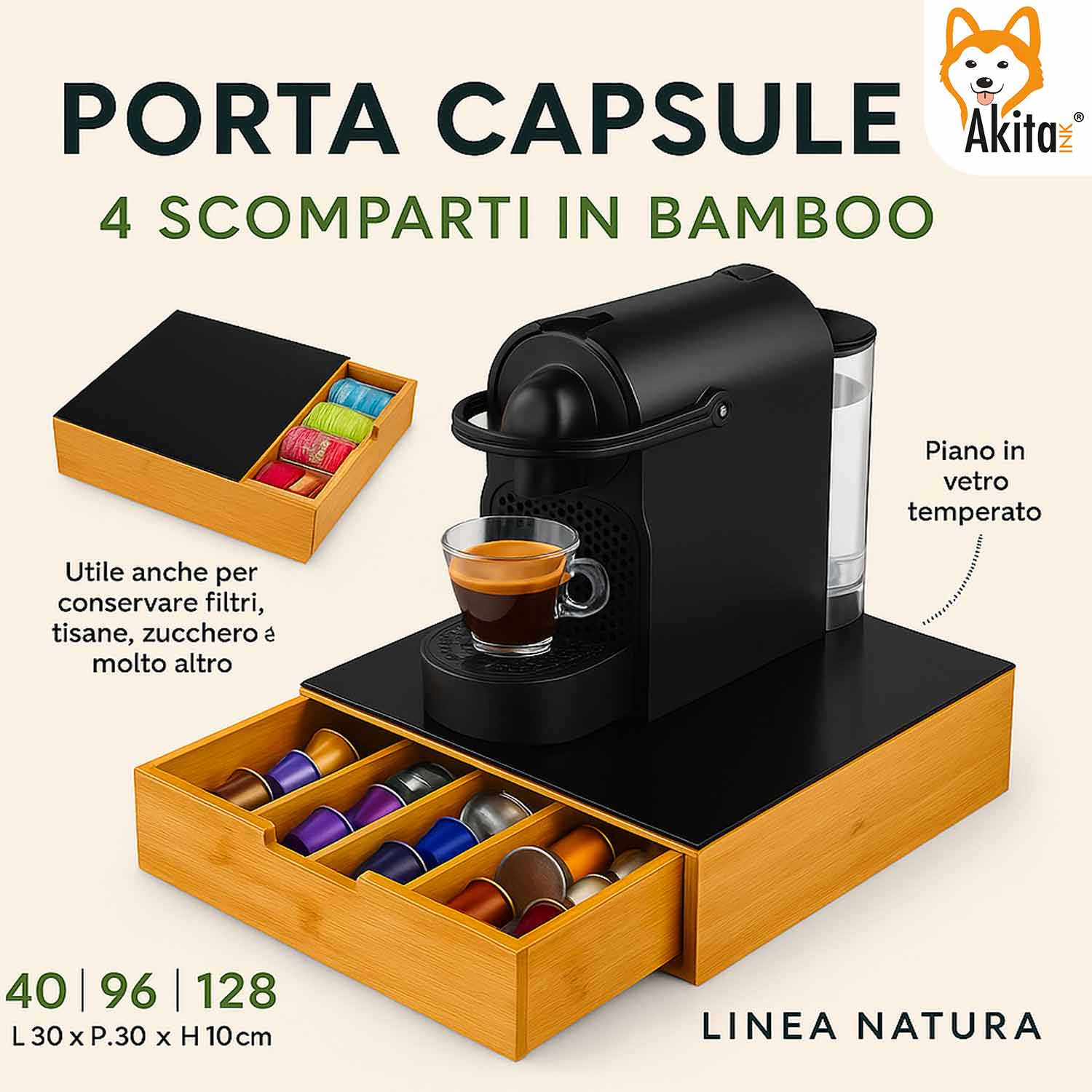 Porta Cialde e capsule Bambu' 30x30 - Cassetto con Vetro foto 3