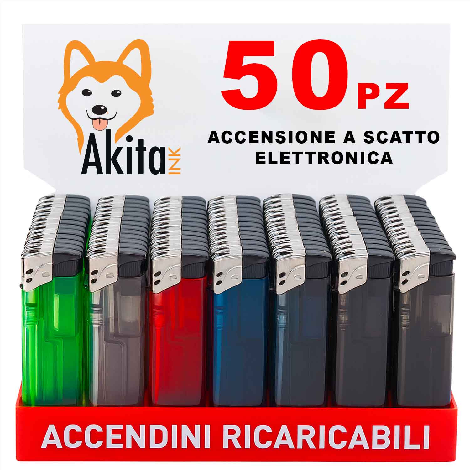 50 accendini a scatto elettronico ricaricabili in box gas colorati