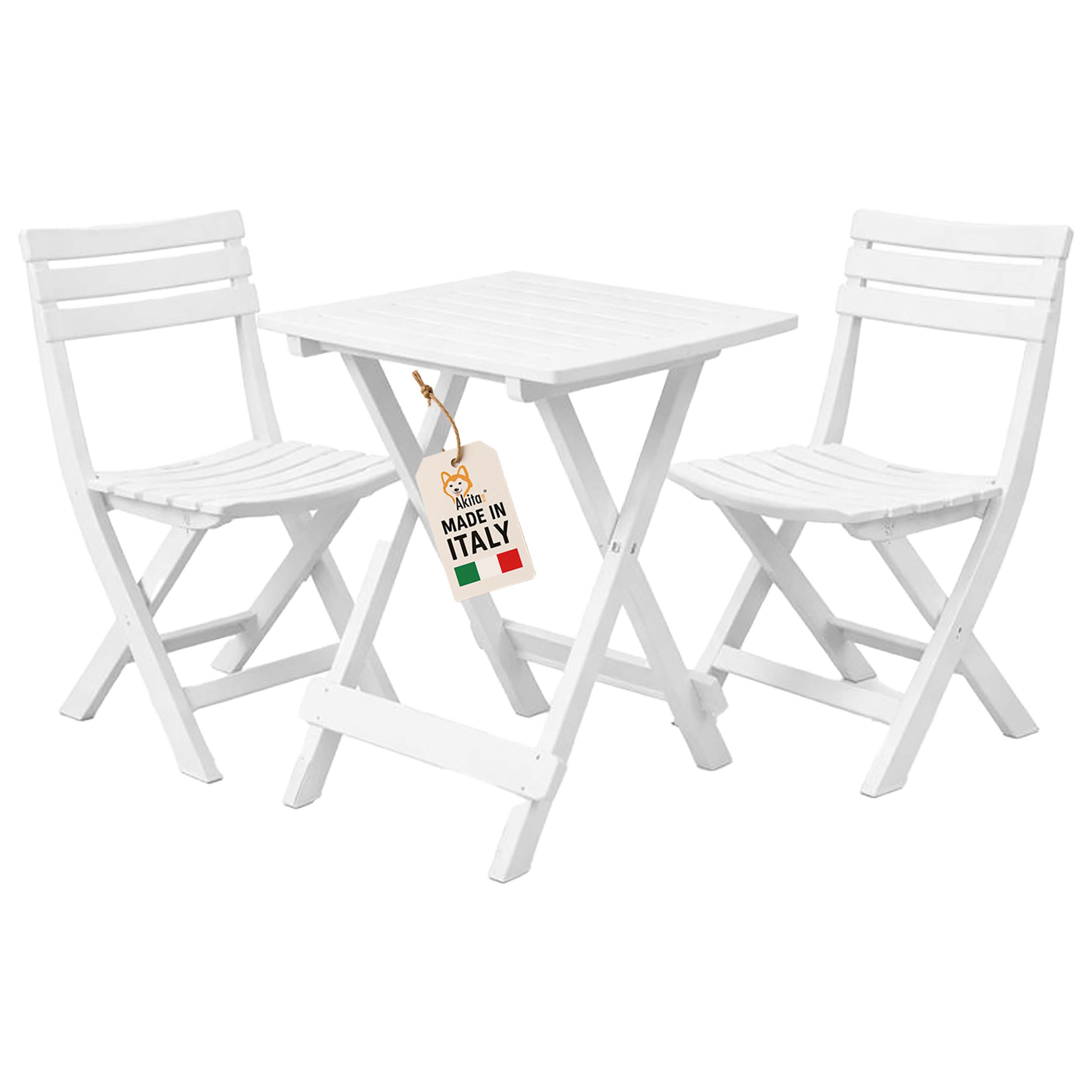 Kit tavolino + 2 sedie pieghevoli in resina bianca