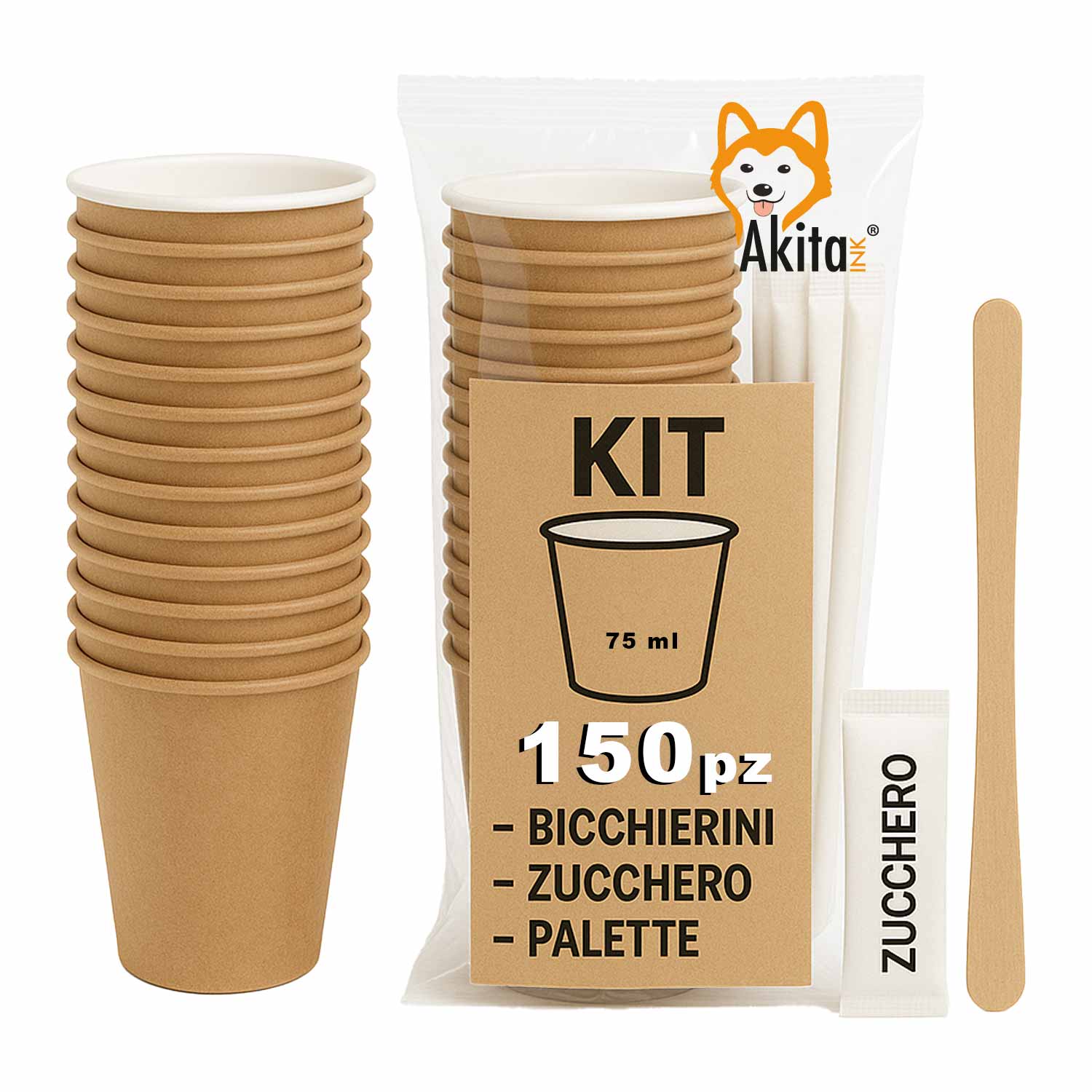 Kit caff 150 pezzi – bicchieri 75 ml, palettine zucchero bustine