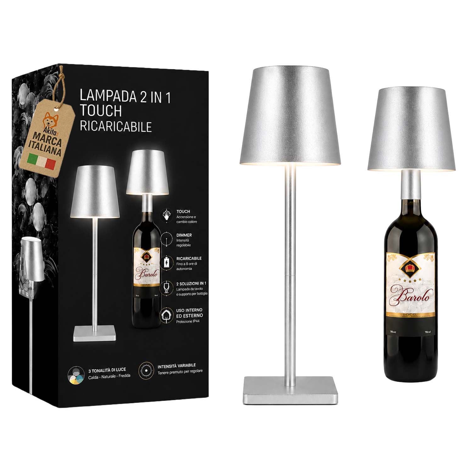Akitaink lampada da tavolo led argento ricaricabile