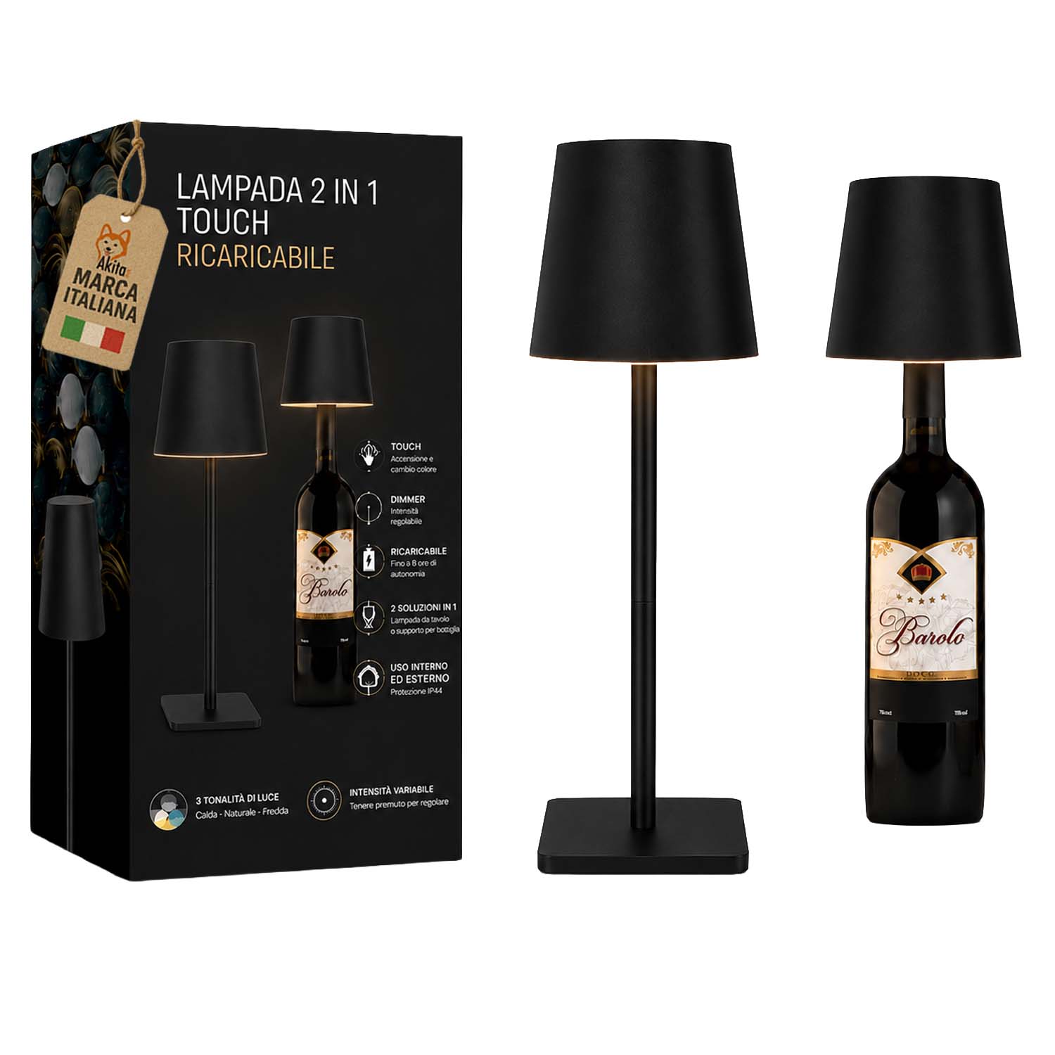 Akitaink lampada da tavolo led nero ricaricabile
