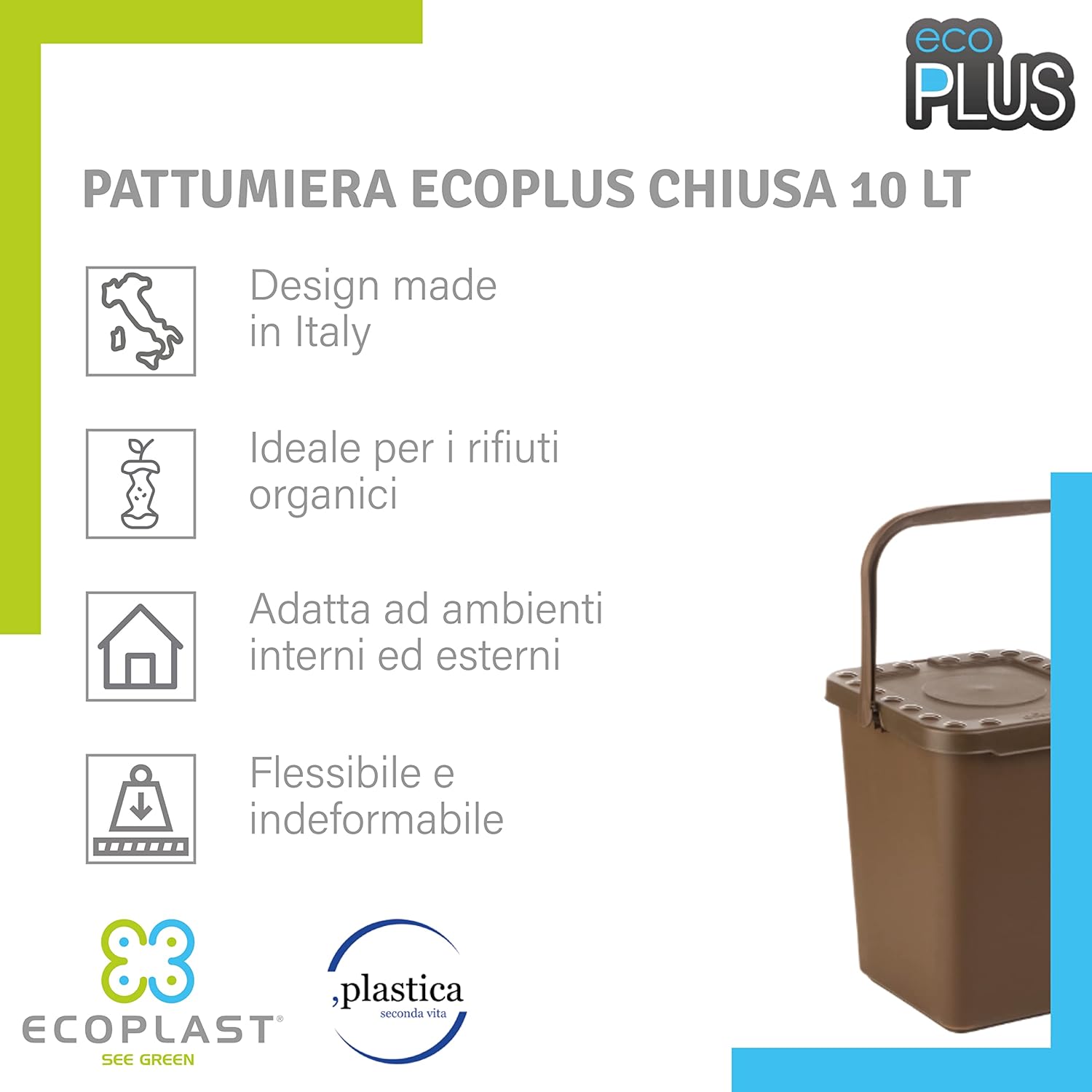 Ecoplast Pattumiera 10L Marrone Apertura a Libro foto 5