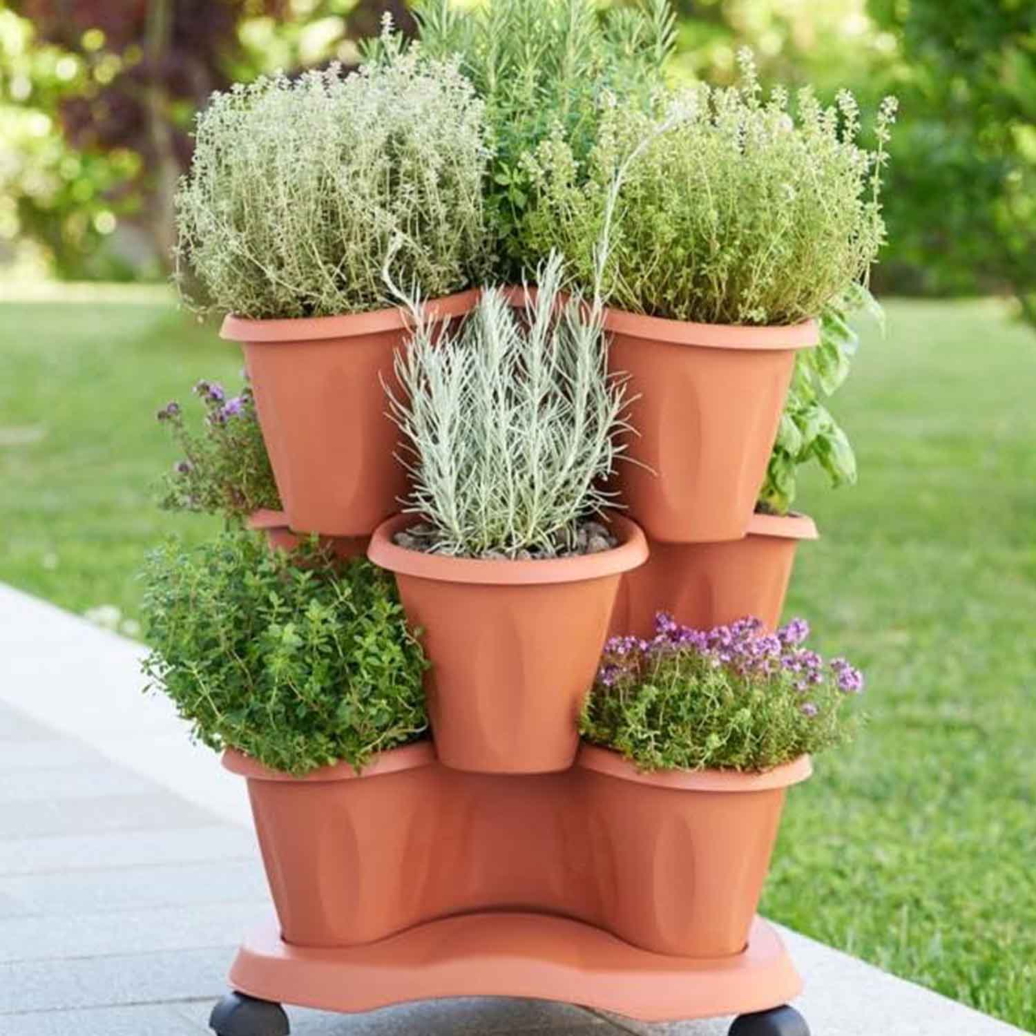 Bama Vaso Trifoglio Grigio con Sottovaso e Ruote Set 3 Pz foto 5