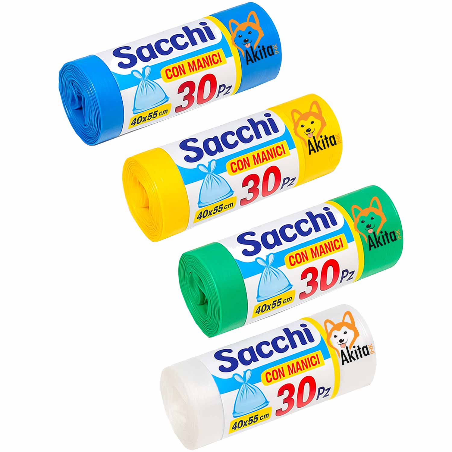 Akitaink - 120 sacchi nettezza antiforo con manici 40x55 cm colorati