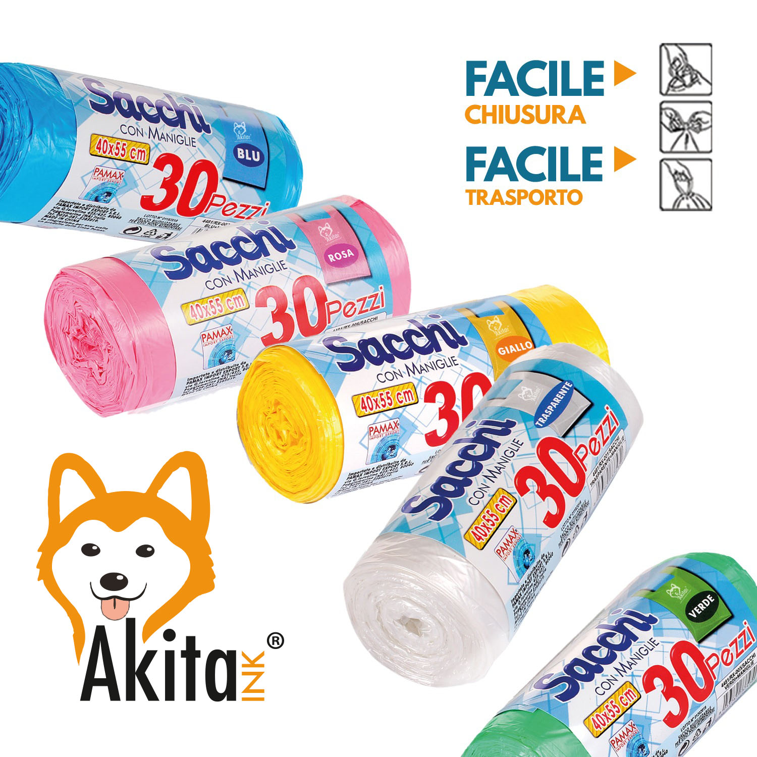 Akitaink - 120 Sacchi Nettezza Antiforo Con Manici 40X55 cm Colorati foto 3