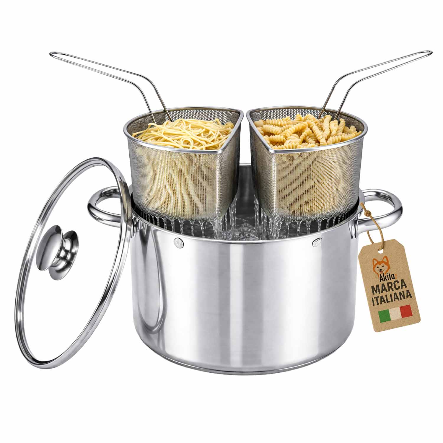 Bollipasta Inox 24 cm con 2 Cestelli e Coperchio Vetro foto 2