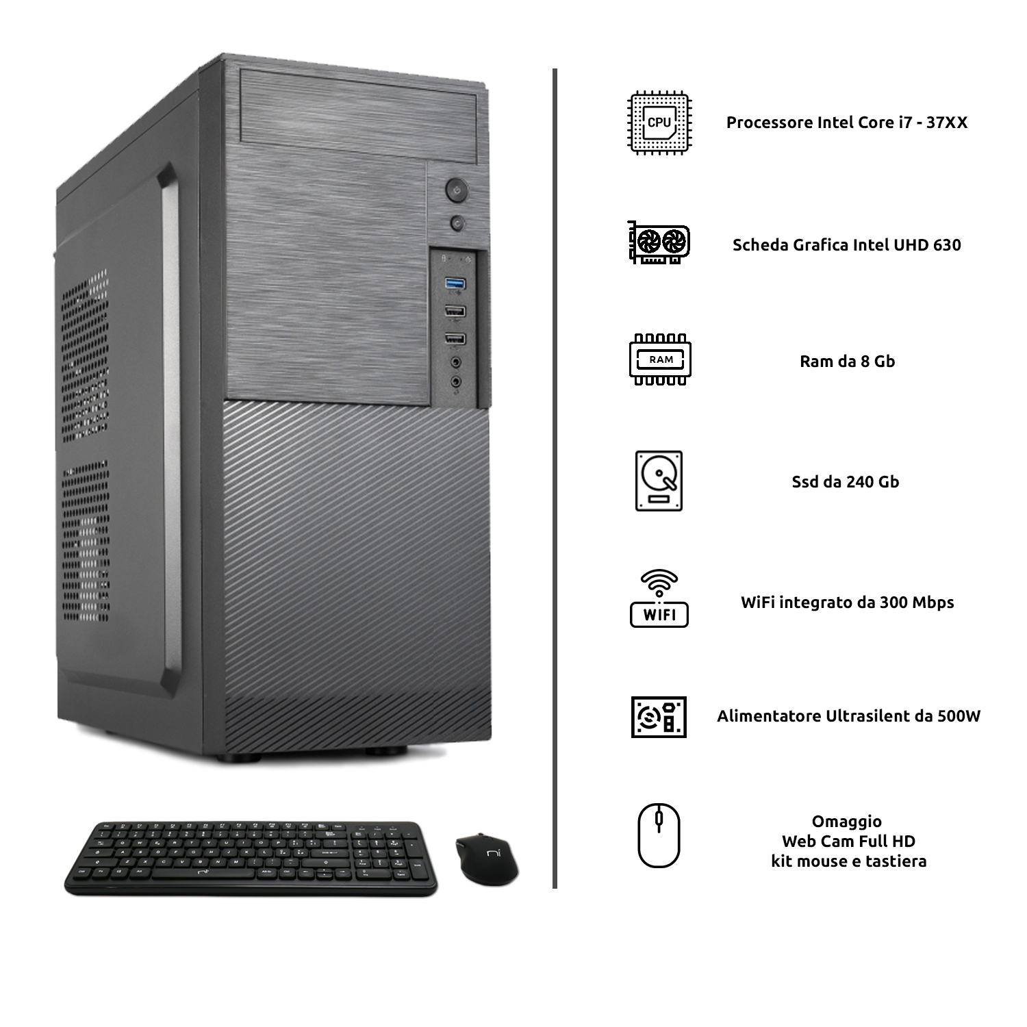 Kit PC Fisso Intel i7 8GB RAM SSD 240GB con Monitor e Accessori foto 4