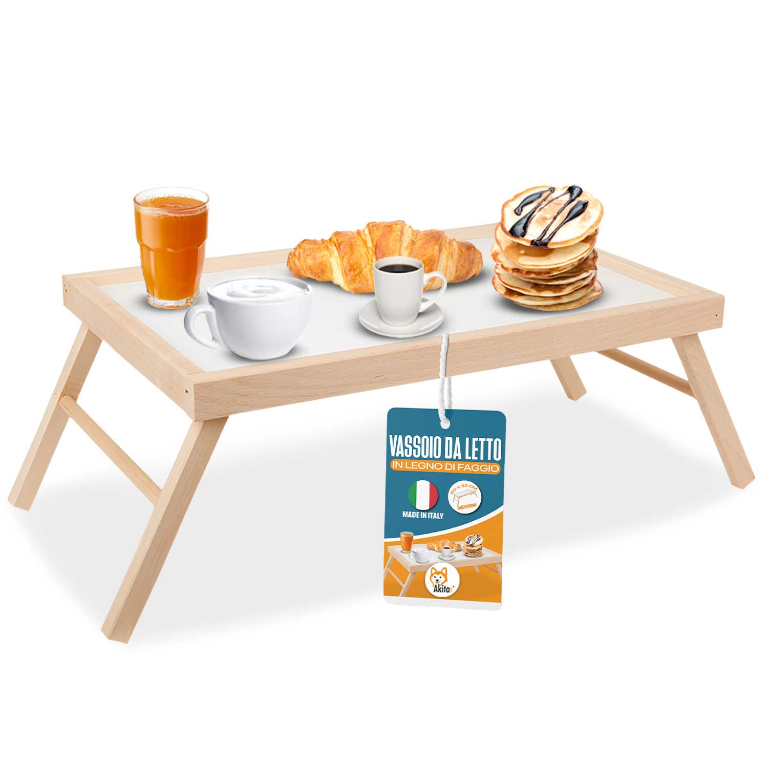 Akitaink tavolino da letto pieghevole, vassoio da poltrona, colazione 33x50x21.5
