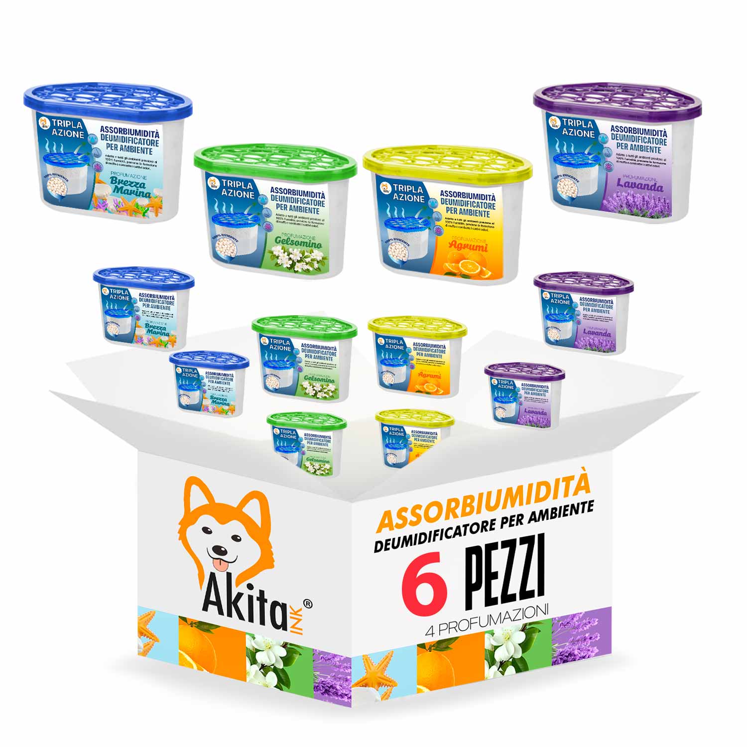 Set 6 assorbiumidita' profumati 500ml deumidificatori