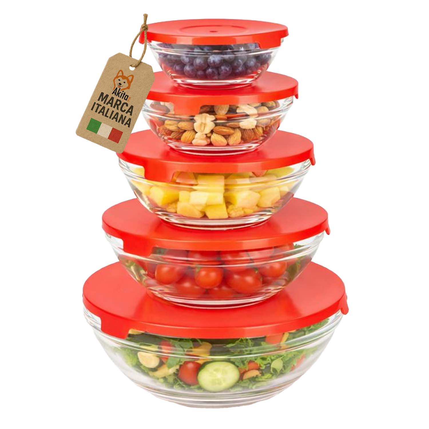 Set 5 contenitori in vetro con coperchio rosso