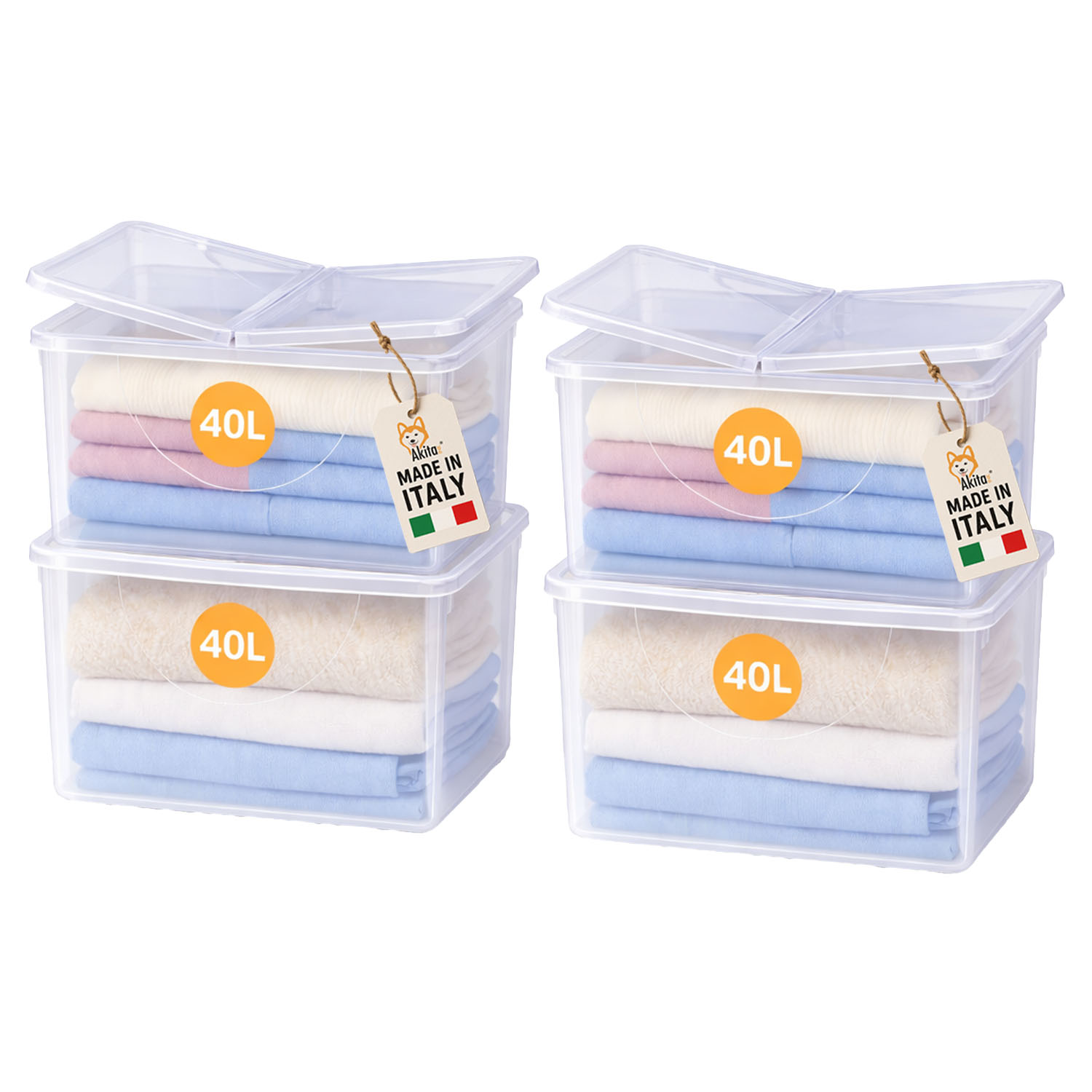 Set 4 contenitori plastica 40l con coperchio doppia apertura