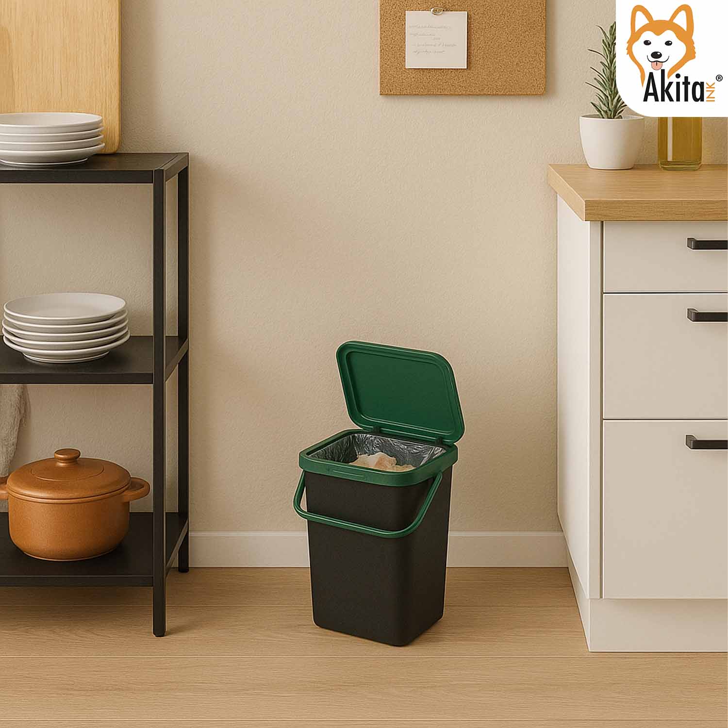 AkitaInk Pattumiera 10L Moda Nero - Verde con Manico foto 5