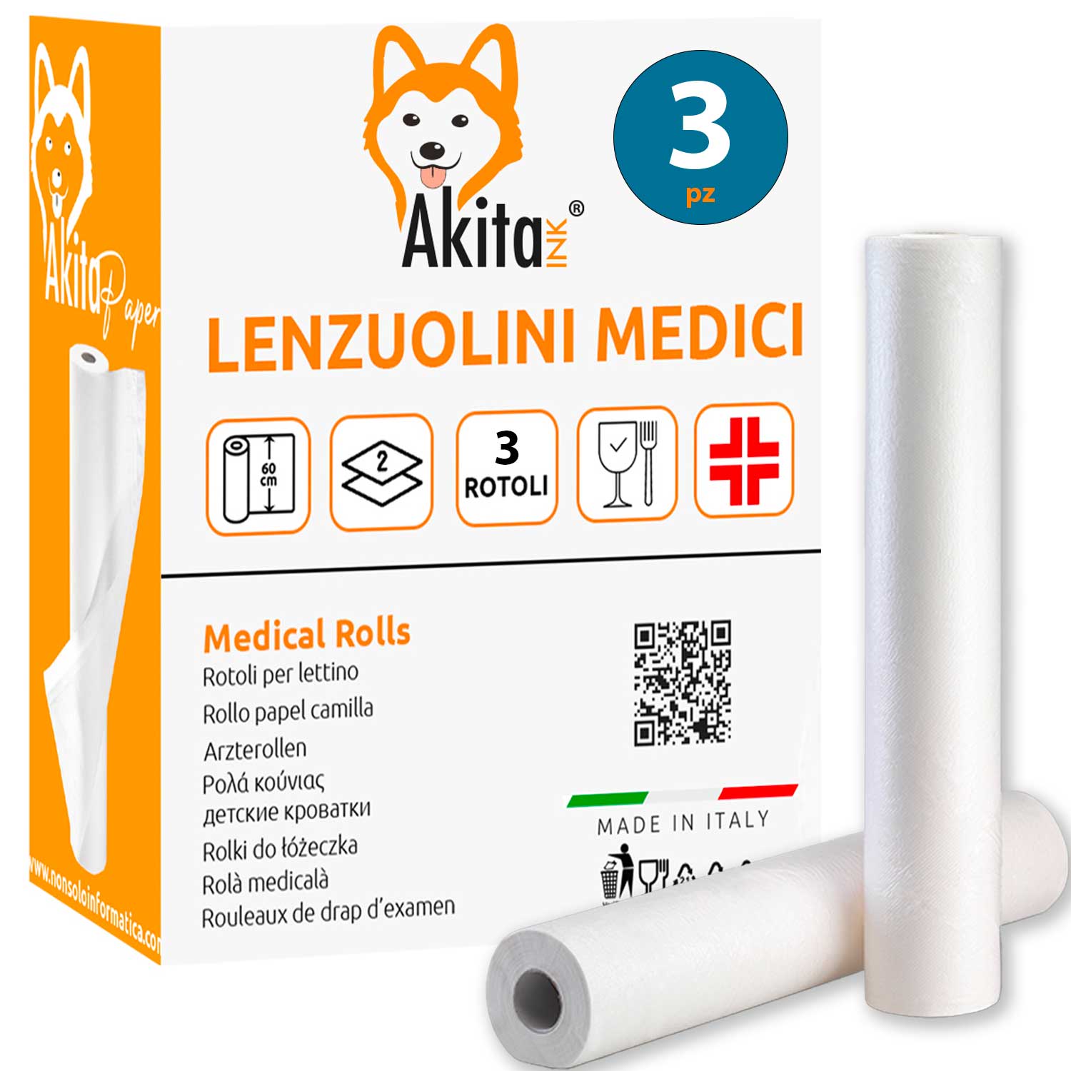 Akitaink lenzuolino medico per lettino 3 rotoli da 60 cm x 75 m