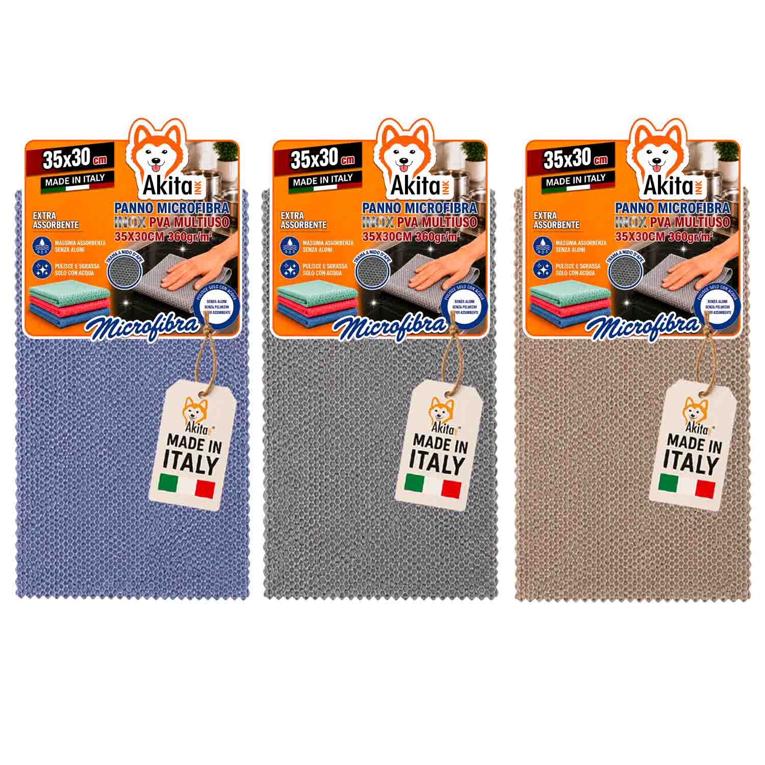 Akitaink 3 panni in microfibra inox pva 35x30 cm