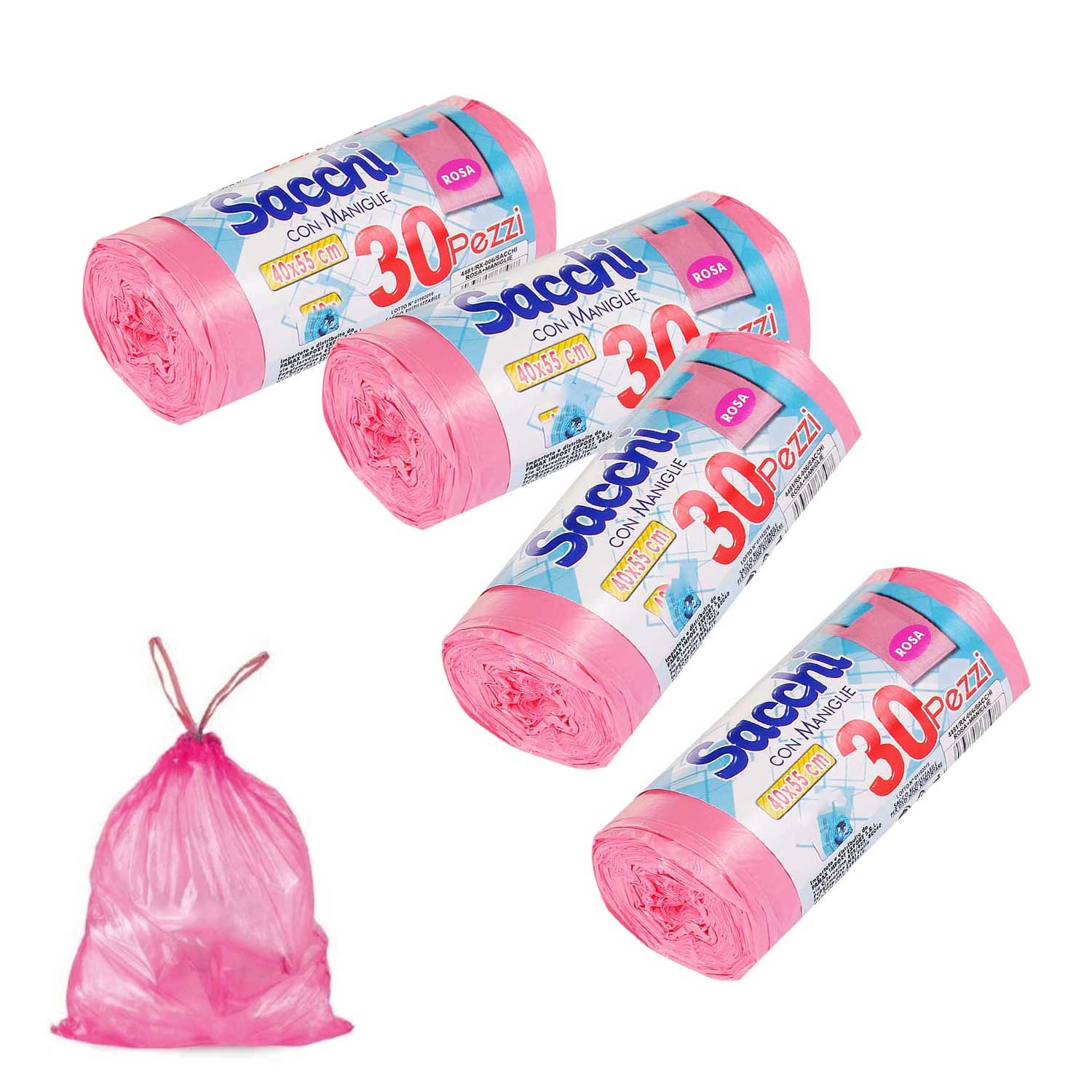 120 sacchi nettezza antiforo con manici 40x55 cm rosa