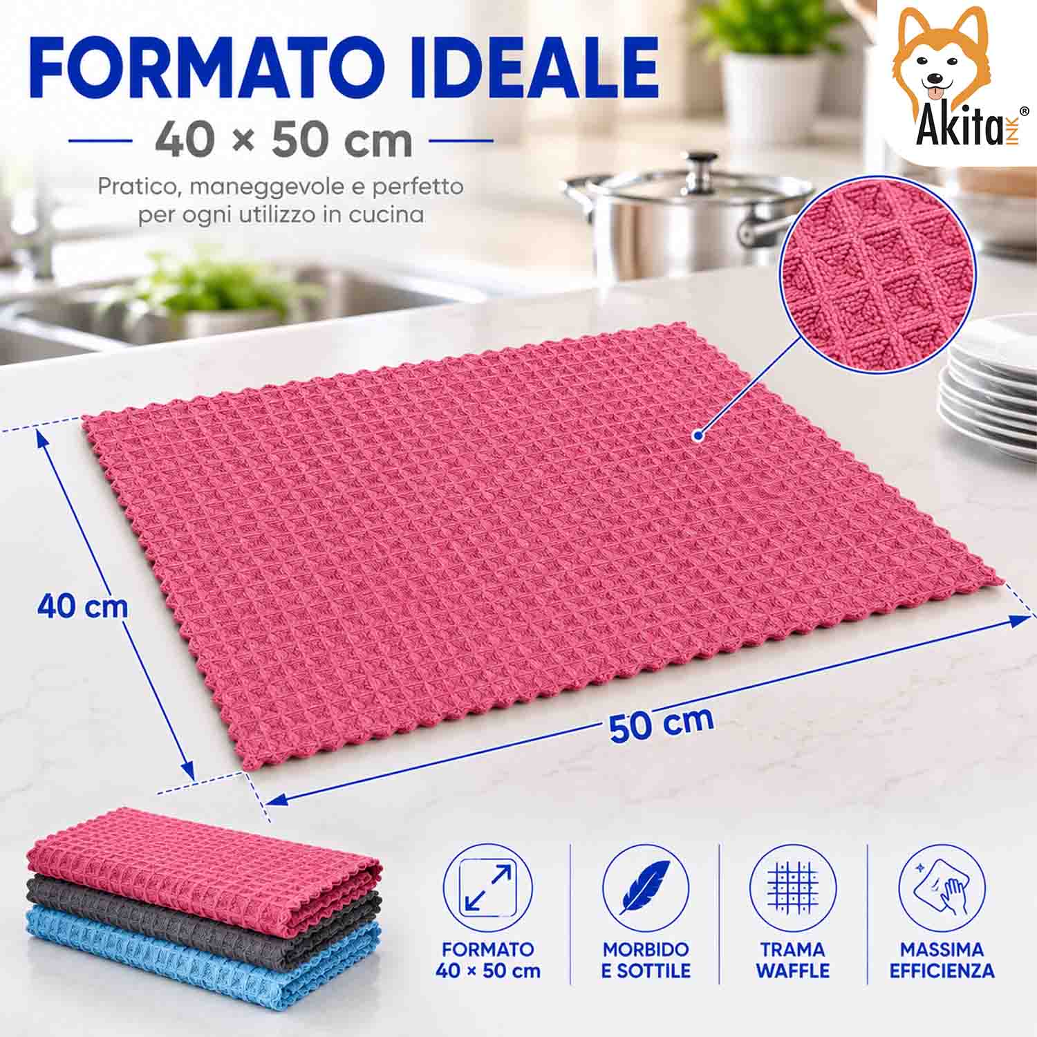 Akitaink 3 Panni in Microfibra Waffle 40x50 cm foto 6