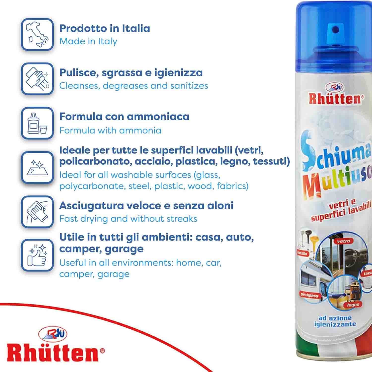 Rhutten Schiuma Multiuso Igienizzante 400 ml Ammoniaca foto 3