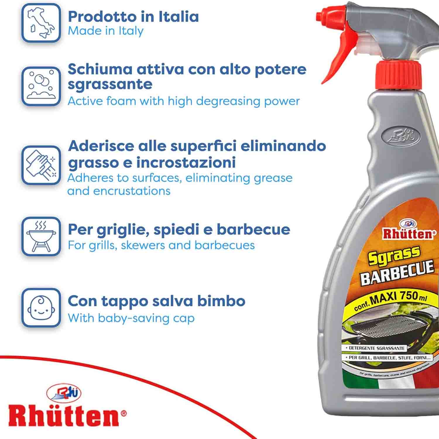 Rhutten Sgrassatore Barbecue Schiuma Attiva 750 ml foto 3