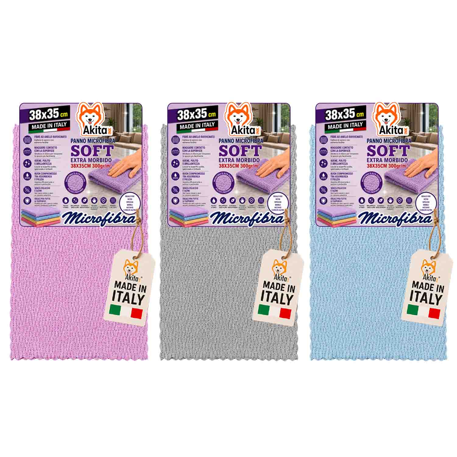 Akitaink 3 panni in microfibra soft extra morbido 38x35 cm