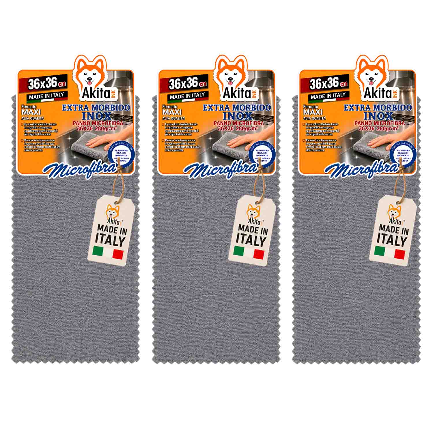 Akitaink 3 panni in microfibra inox extra morbido 36x36 cm