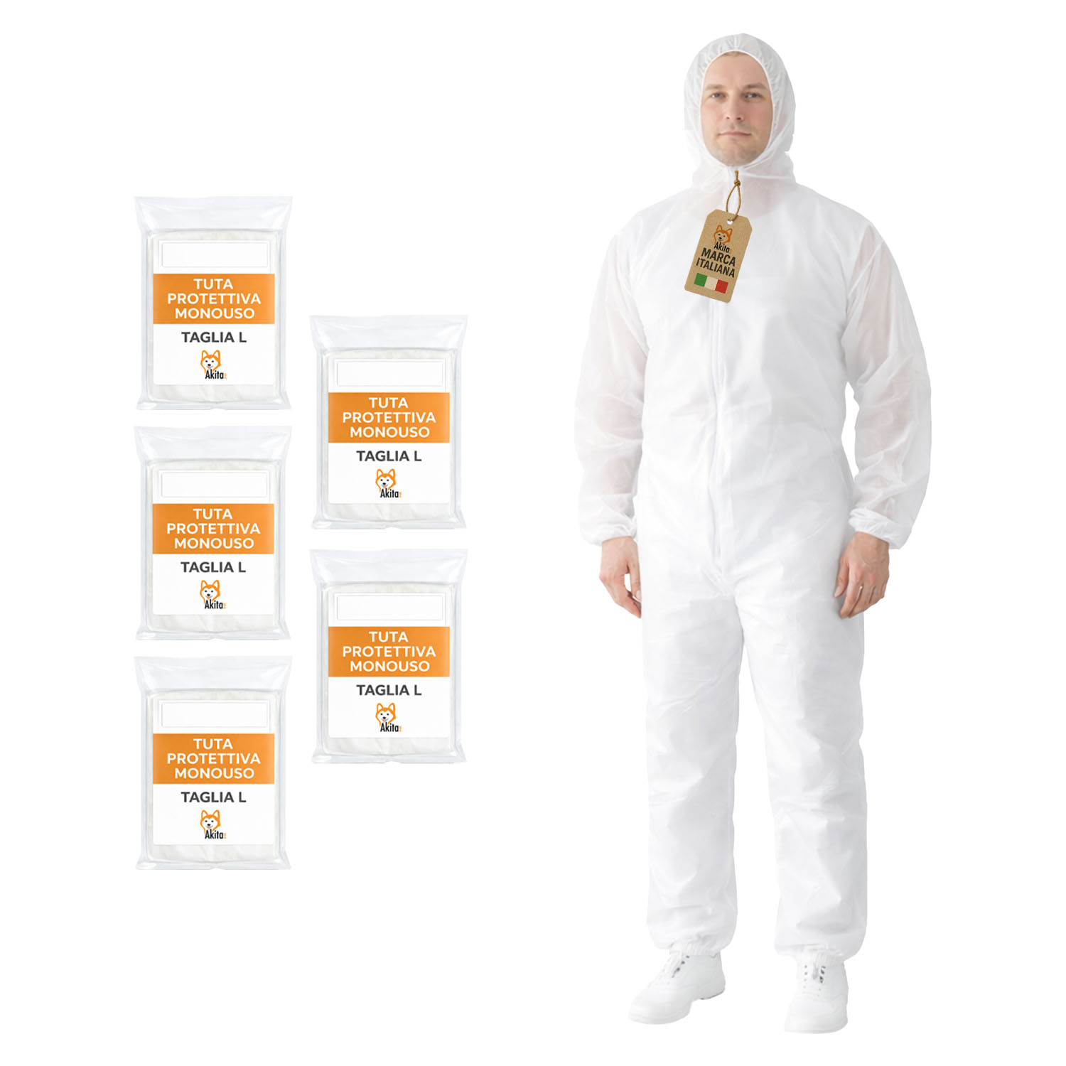 Tuta Monouso in PP con Cappuccio e Zip 5 Pz Taglia L foto 2