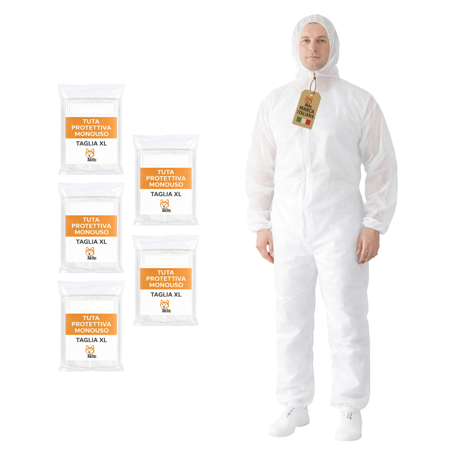 Tuta monouso in pp con cappuccio e zip 5 pz taglia xl