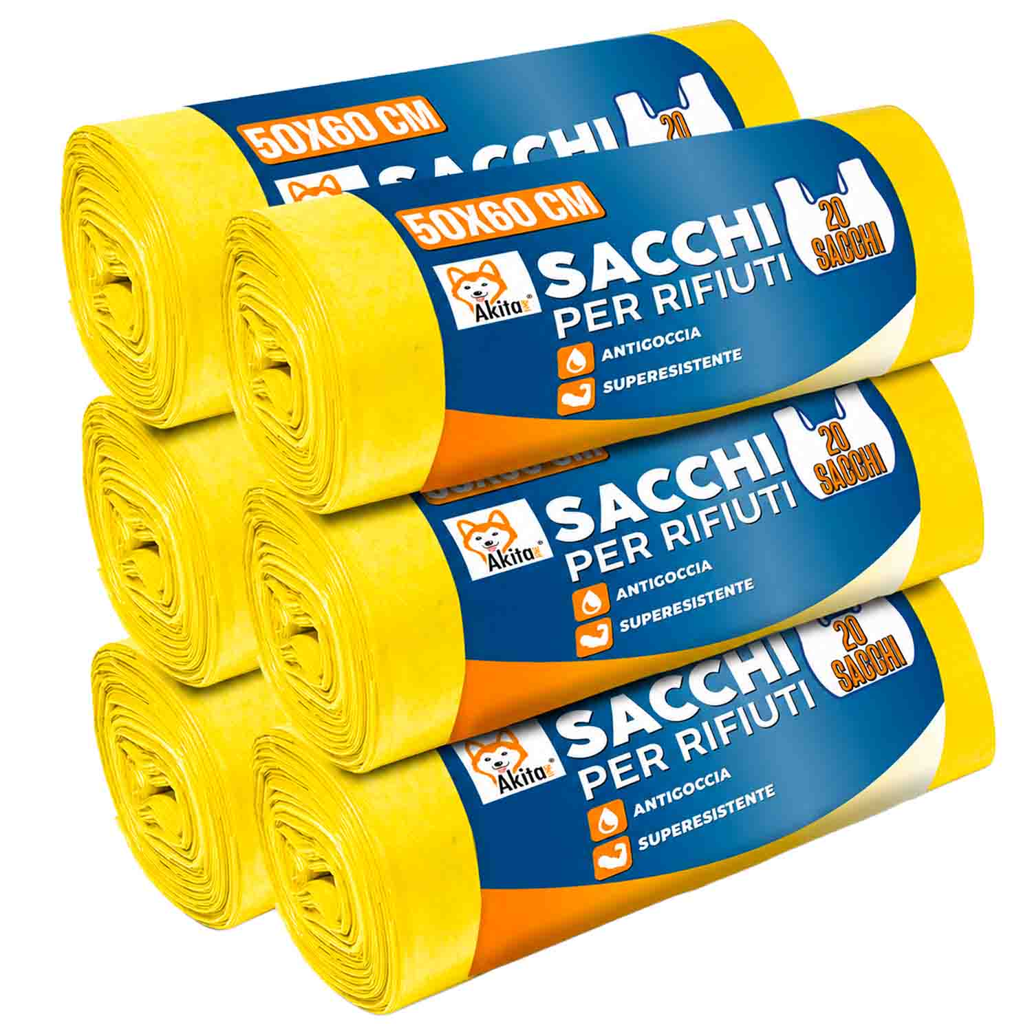 Akitaink 120 Sacchi Spazzatura 50x60 Gialli con Legacci foto 2