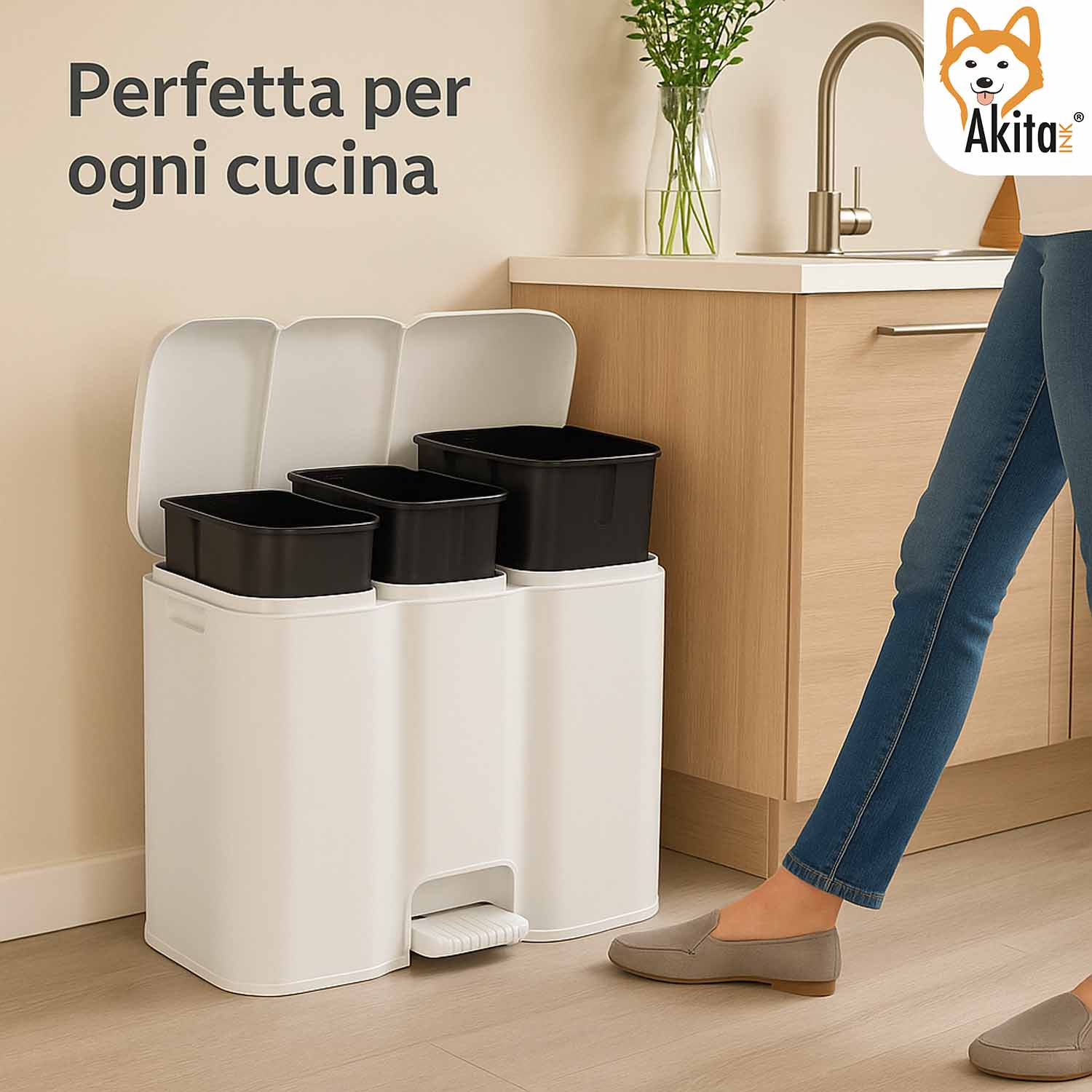 Akitaink Pattumiera 3 Scomparti Patty3 Bianca foto 4