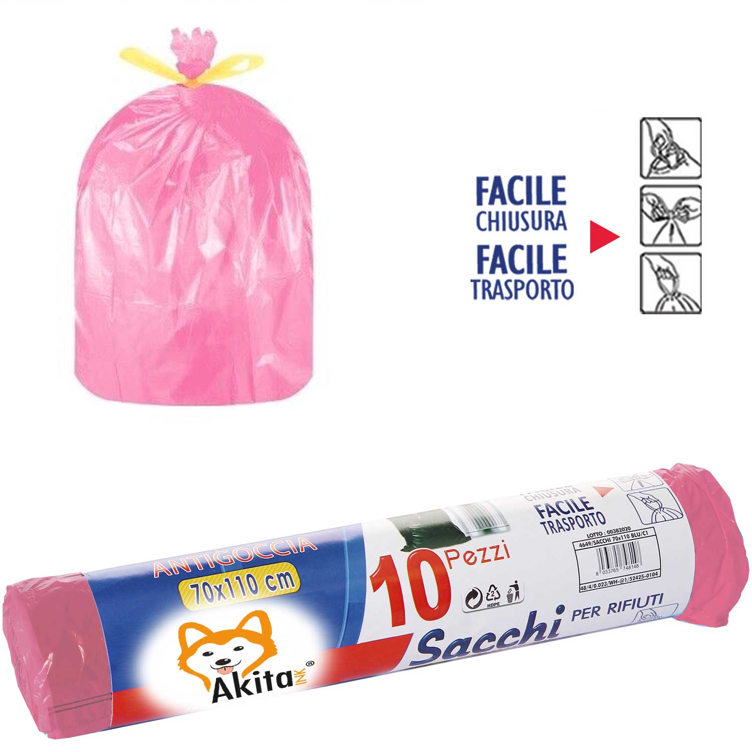 AkitaInk, 80 sacchi per pattumiera 70X110 con manici Rosa Alta Resistenza, 110L foto 3