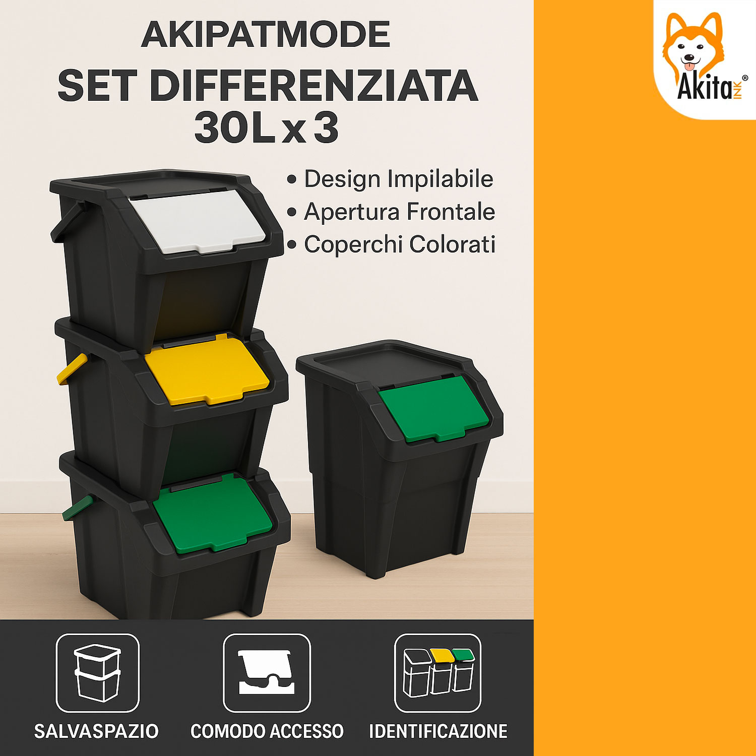 Set 3 Pattumiere Differenziata da 30L Impilabili foto 6
