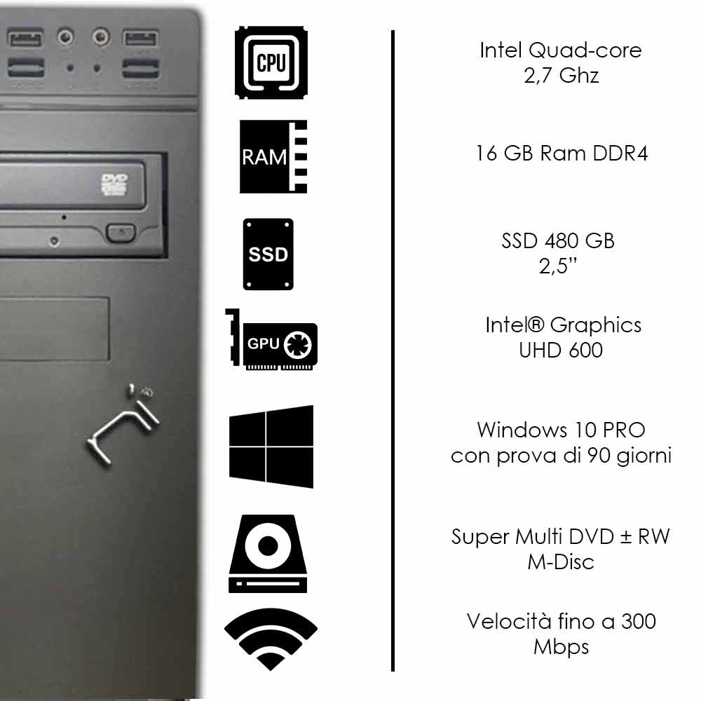 Pc fisso Intel quad core 16 gb ram DDR4 ssd 480 gb Windows 10 WiFi HDMI foto 3