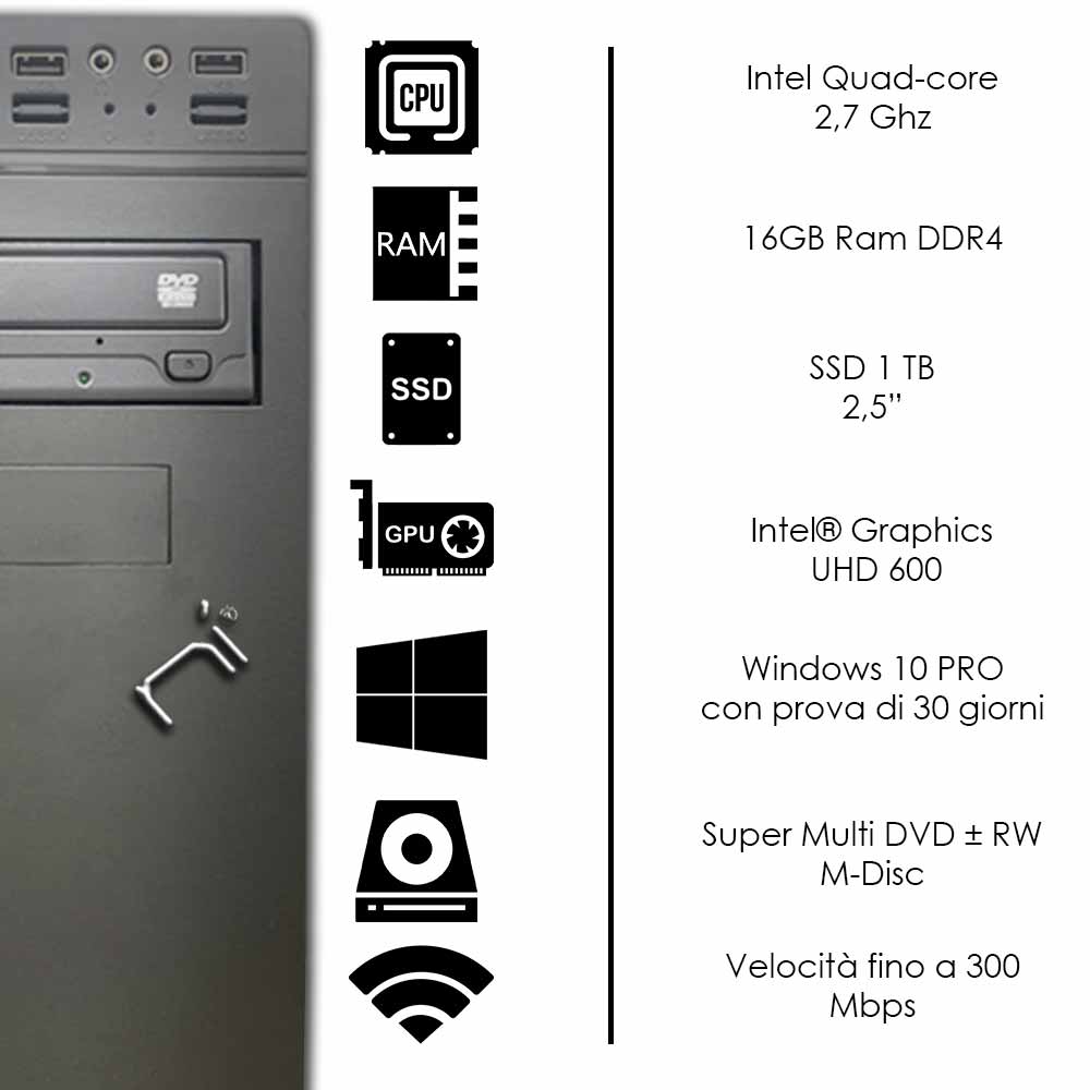 Pulsar Pc fisso Veloce Intel quad core 16gb ram DDR4 ssd 1tb WiFi Windows 10 foto 3