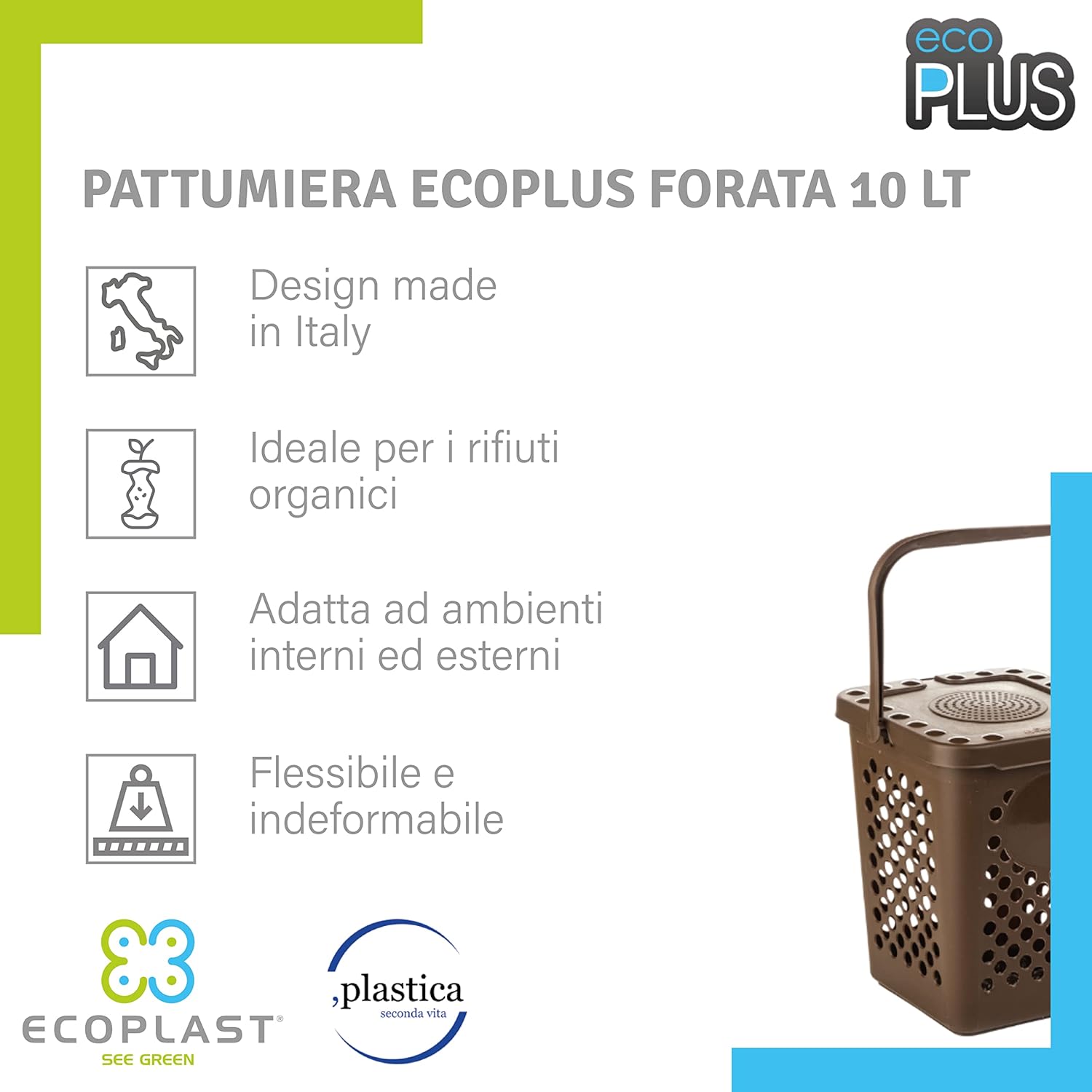 Pattumiera Ecoplast 10L Marrone Riciclata per Differenziata foto 4