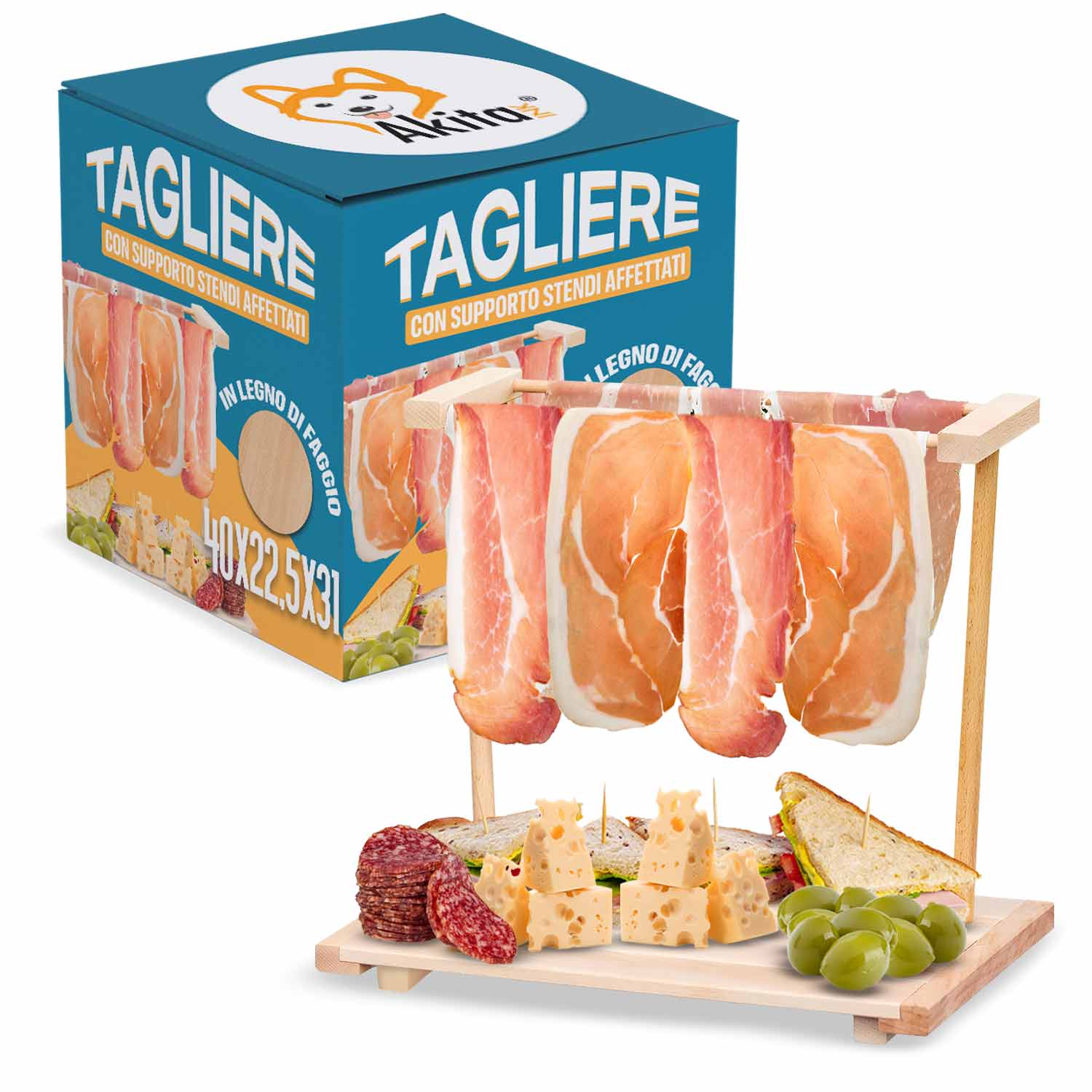 Tagliere per Aperitivo Appendi Prosciutto in Legno di Faggio 40x22.5x31 cm foto 2