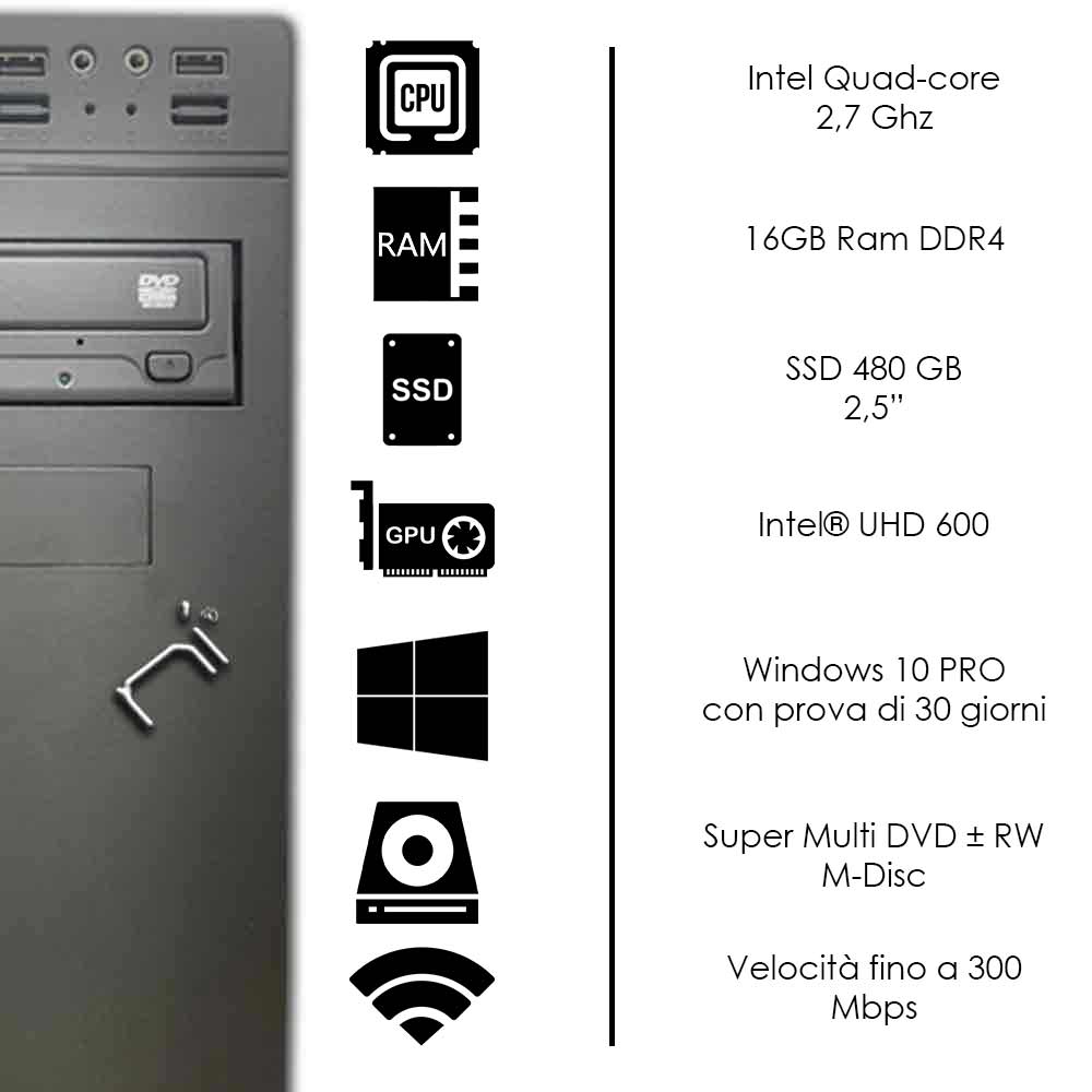 Pulsar Pc fisso Veloce Intel quad core 16gb ram DDR4 ssd 480gb WiFi Windows 10 foto 3