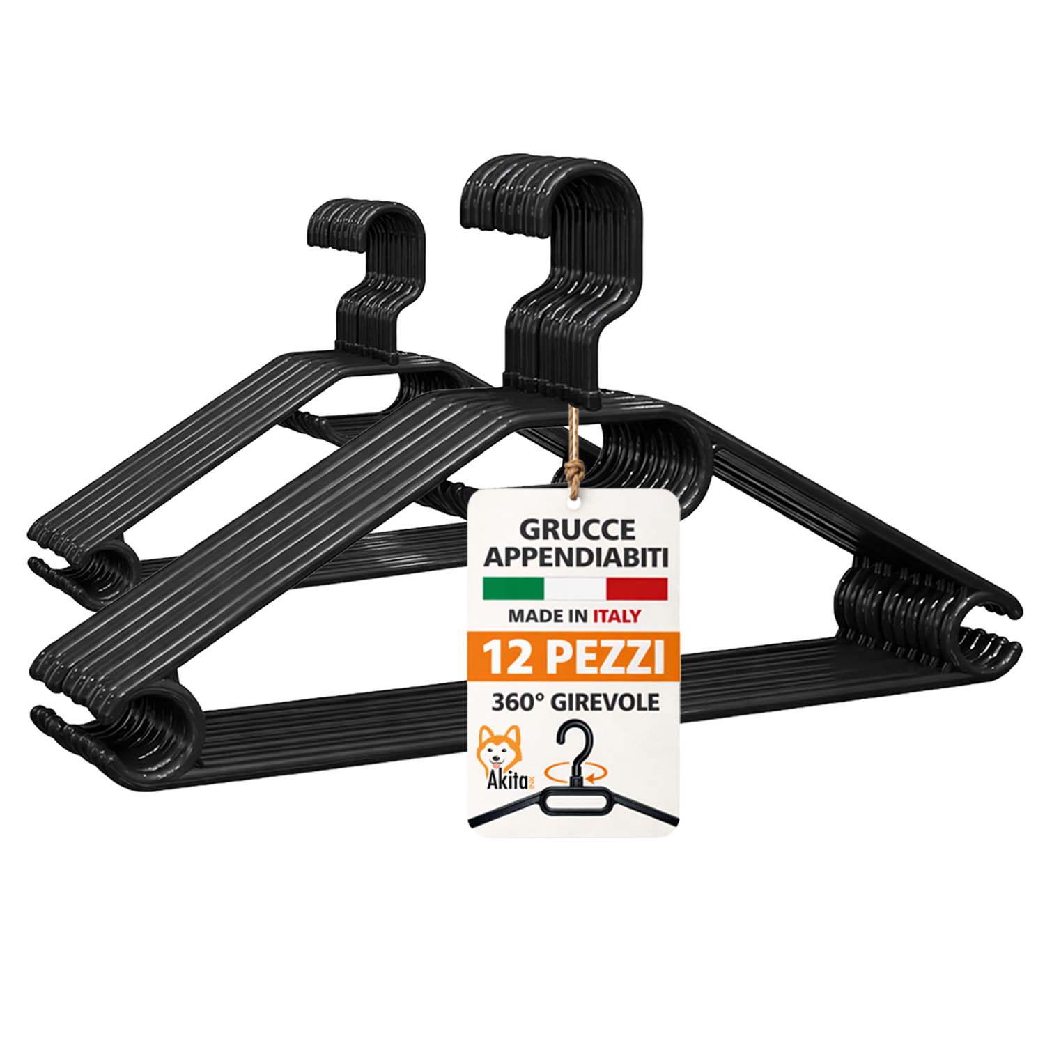 Set 12 Grucce in Plastica Nero Gancio Girevole 360