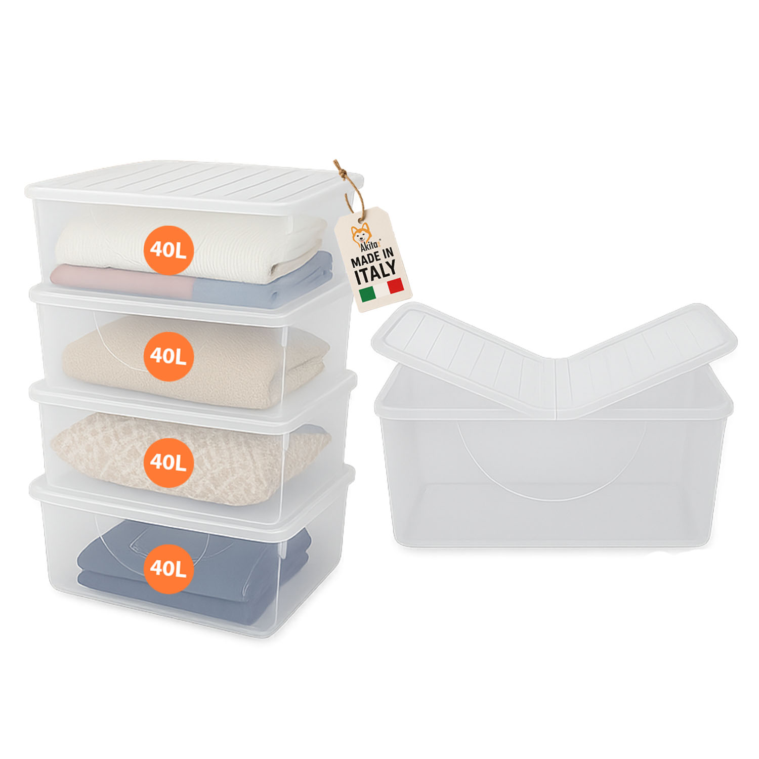 Set 4 contenitori plastica 40l con coperchio doppia apertura