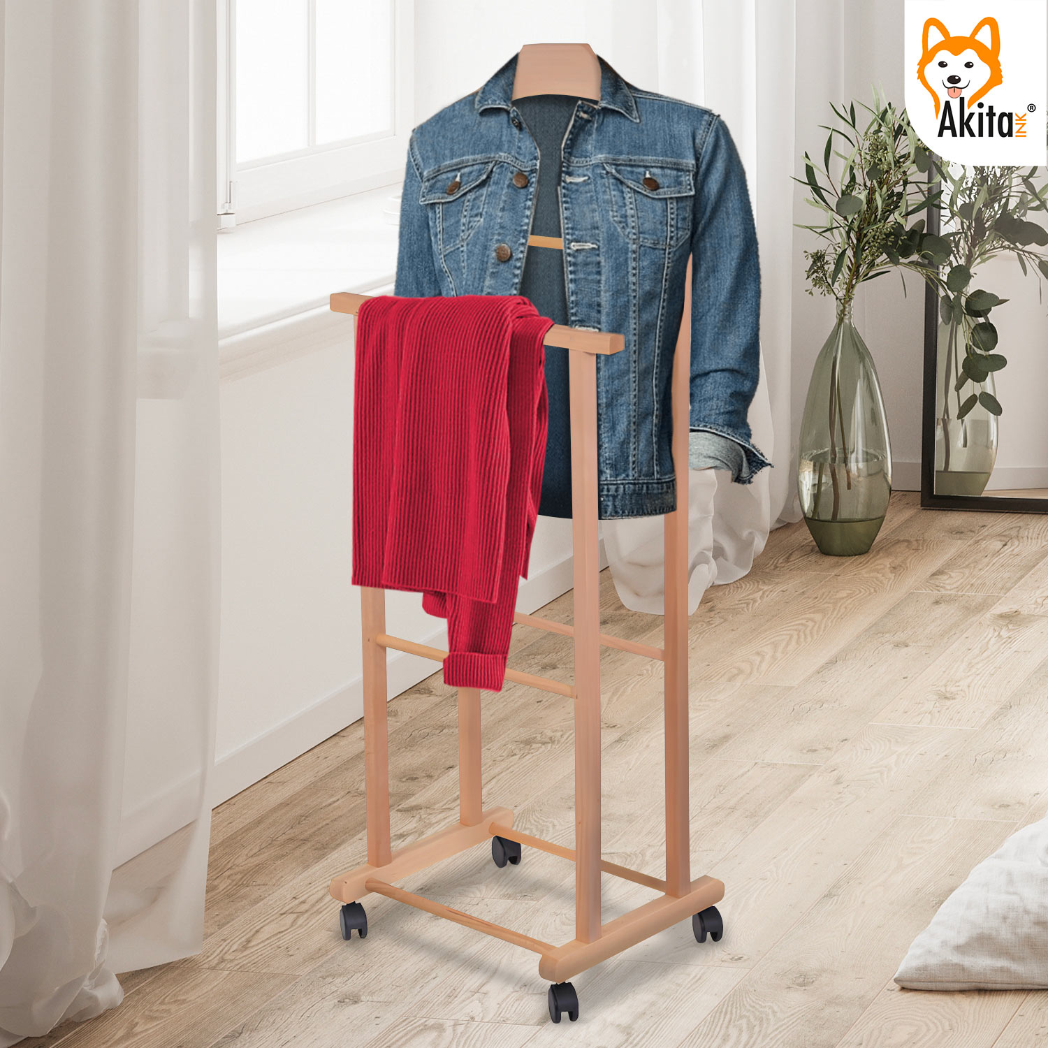 Indossatore Doppio Legno Naturale con Ruote - Akitaink foto 4