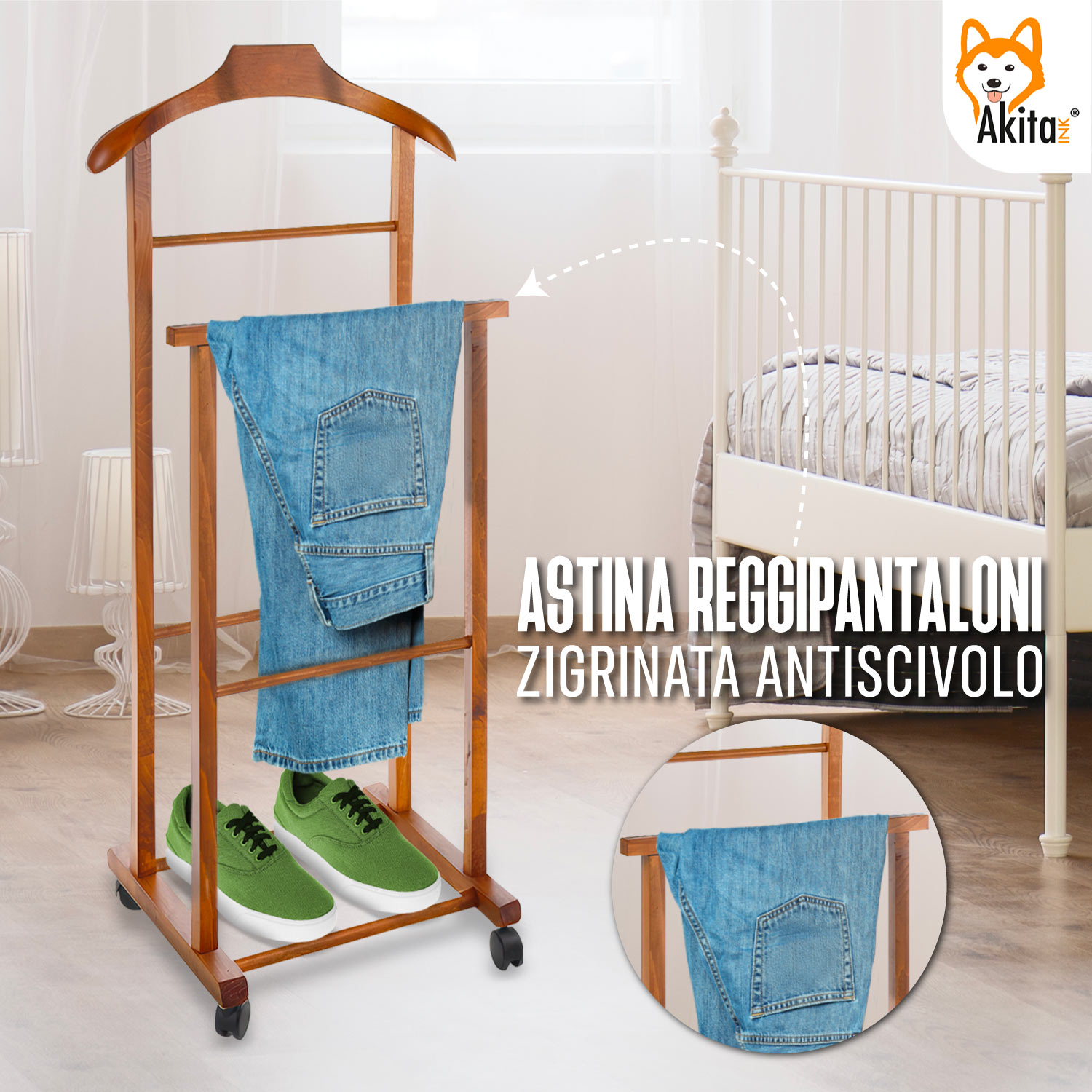 Indossatore Doppio Legno Naturale con Ruote - Akitaink foto 5