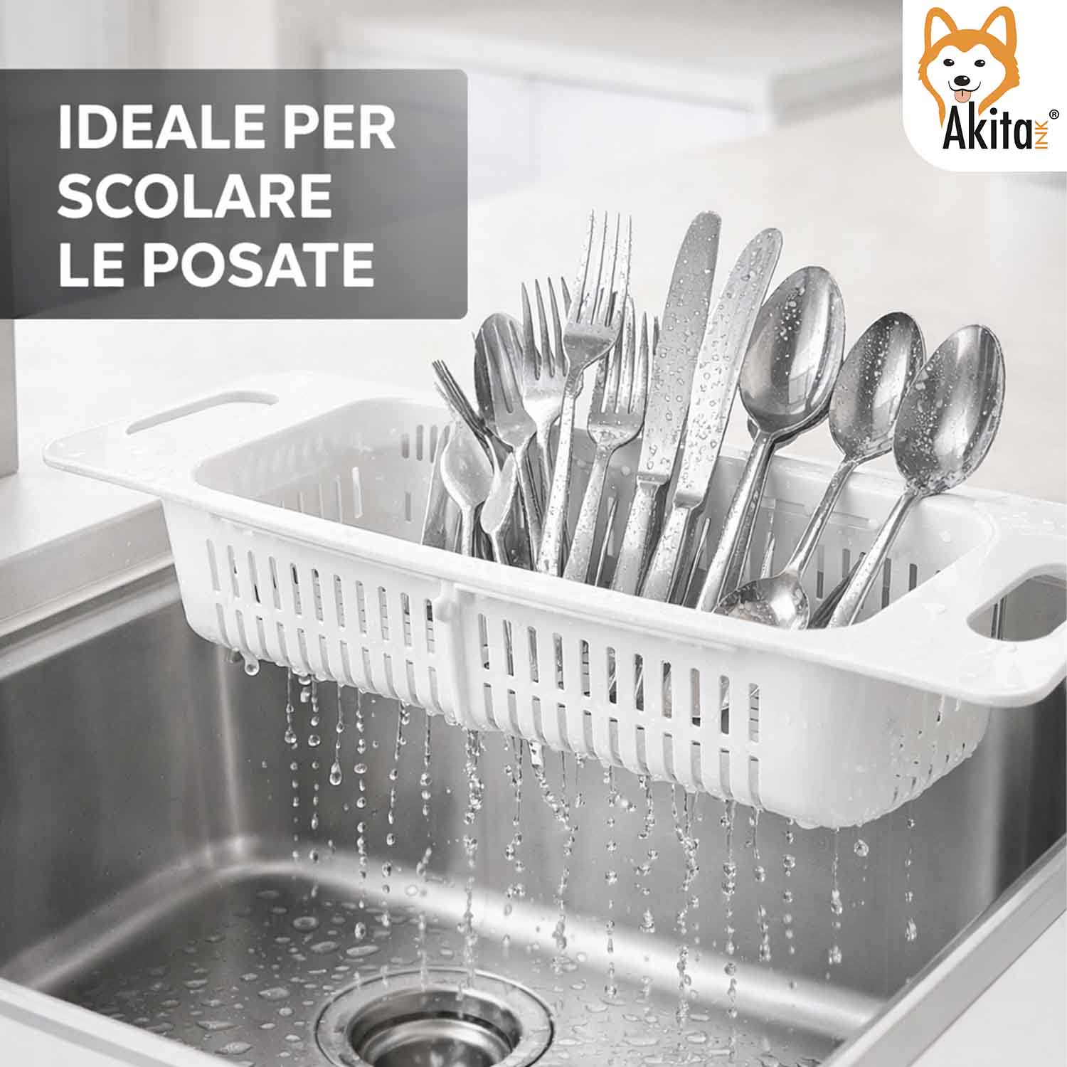 Cesto Telescopico Lavello Allungabile Scolapiatti Bianco foto 6